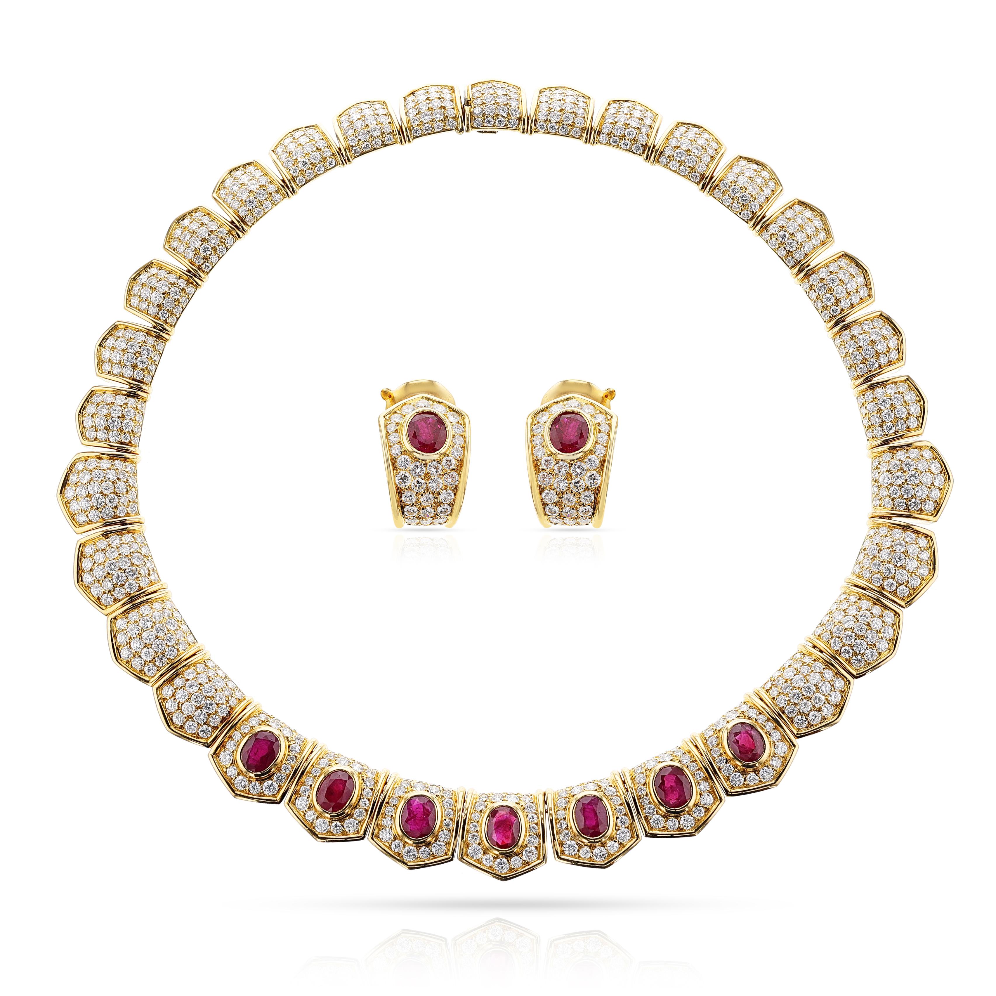 Van Cleef and Arpels Ruby and Diamond, Necklace & Earrings, French, Maker's Mark For Sale 1