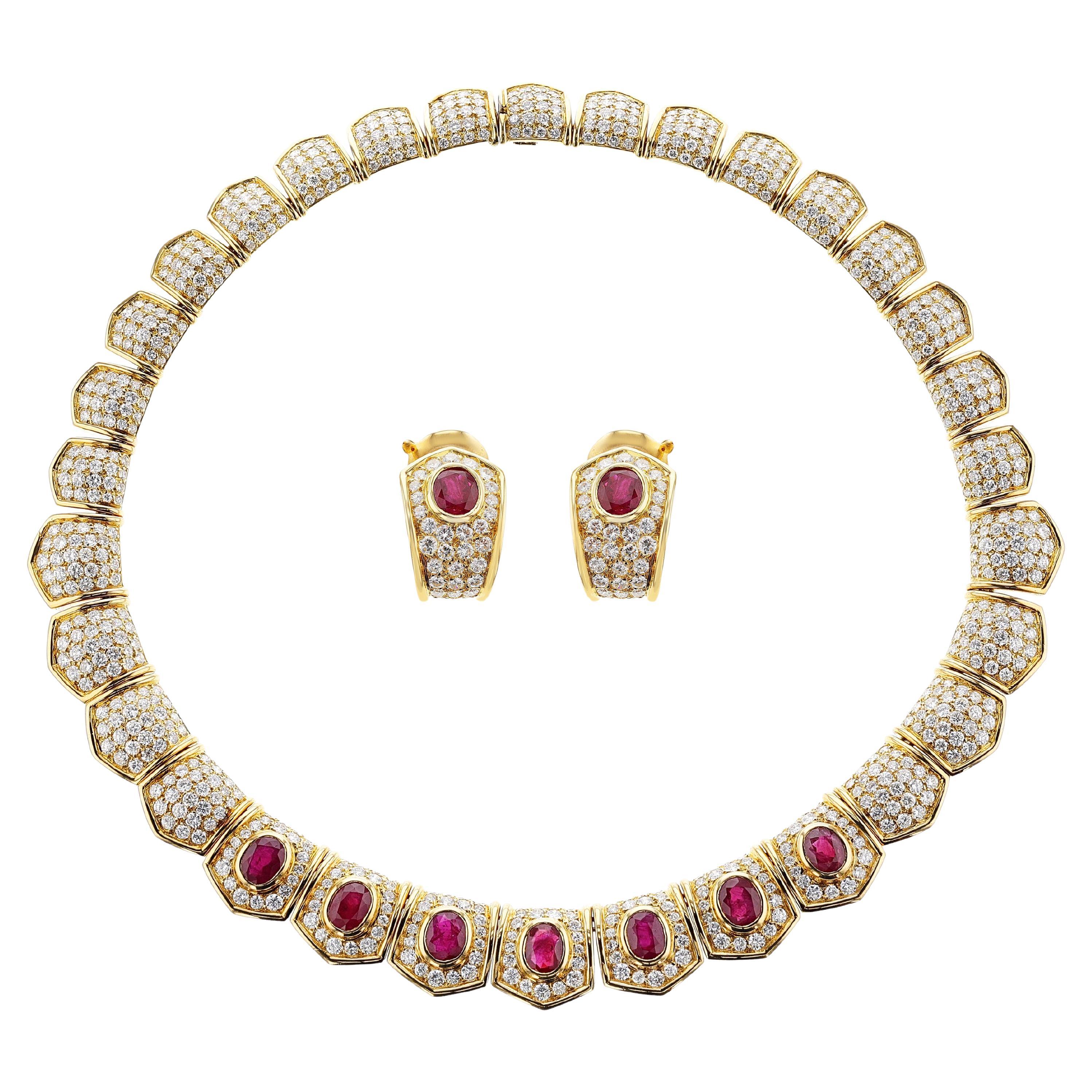 Van Cleef and Arpels Ruby and Diamond, Necklace & Earrings, French, Maker's Mark For Sale