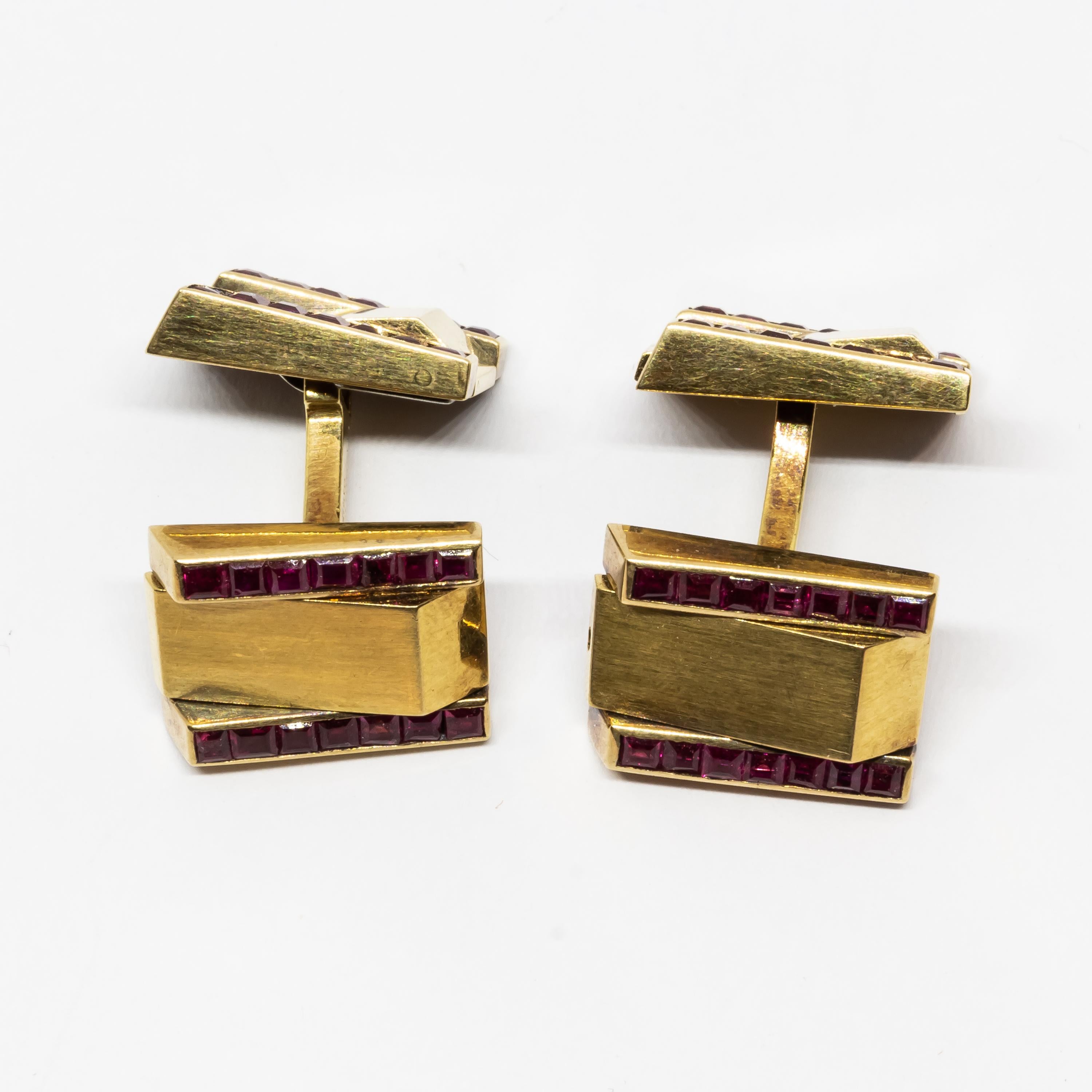 Square Cut Van Cleef & Arpels Ruby and Gold Cufflinks, circa 1940