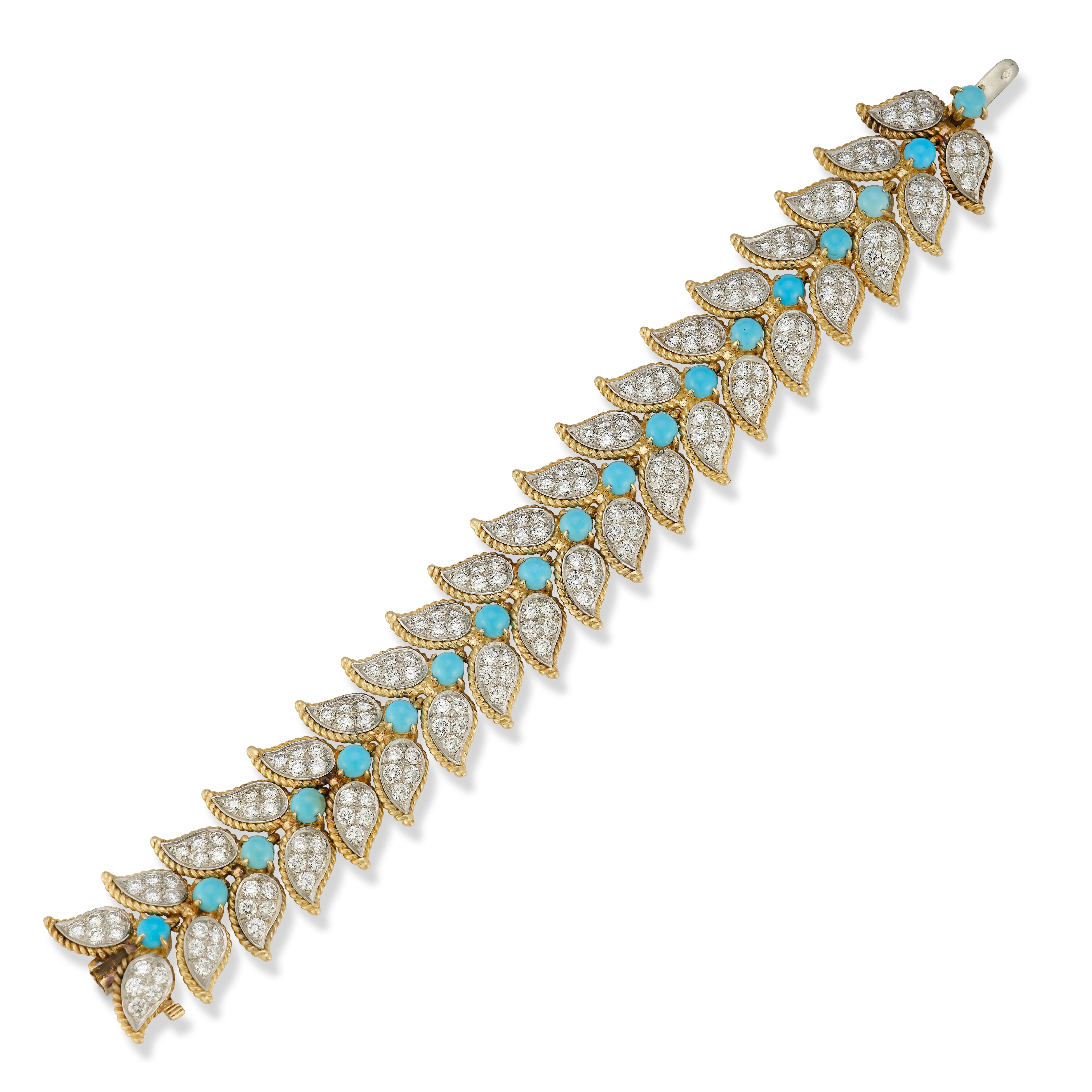Van Cleef and Arpels Turquoise and Diamond Bracelet

 19 flower motif links set with diamonds, extending from a center cabochon turquoise set in platinum & 18k yellow gold.

Measurements: 7.5