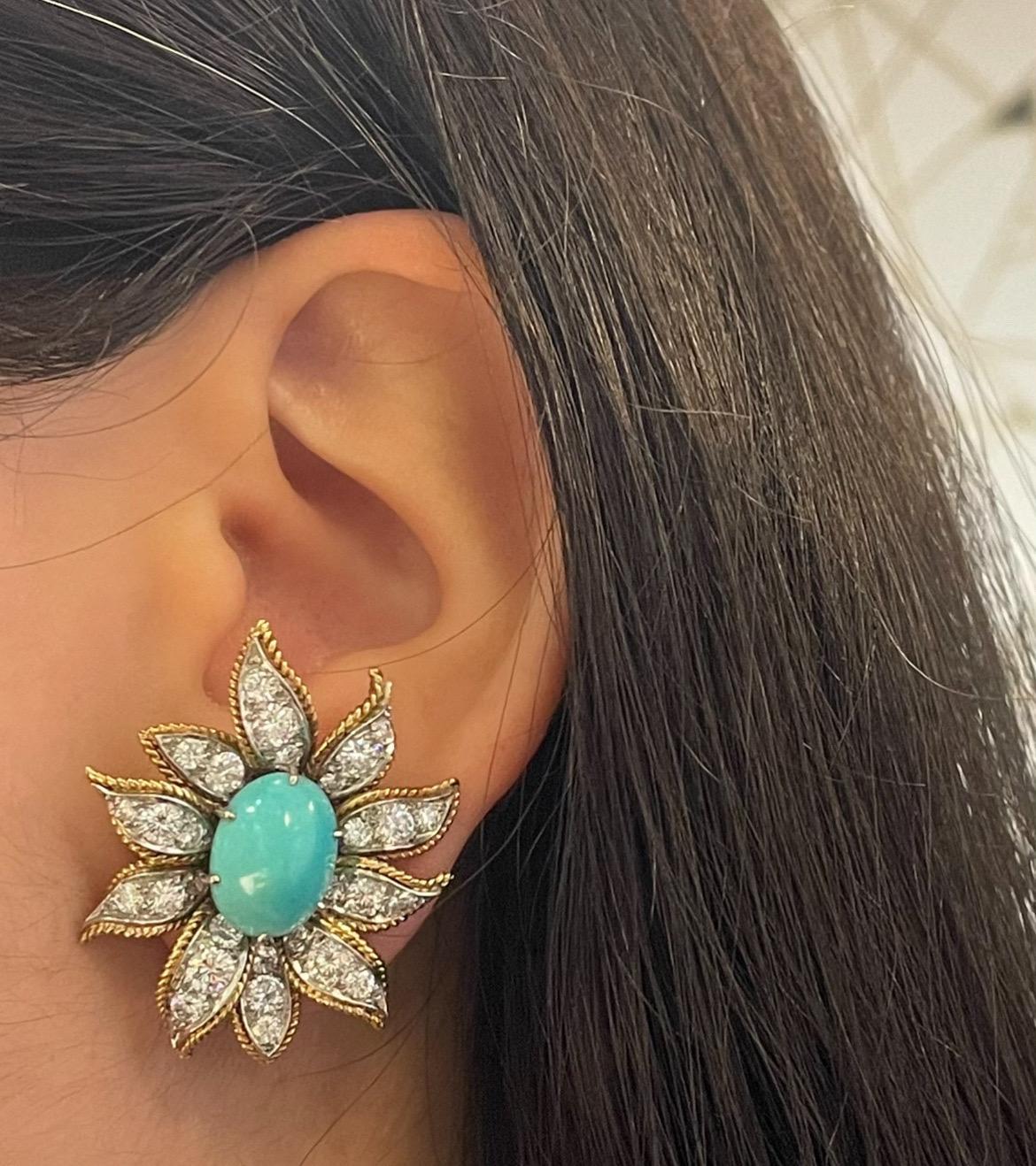 Van Cleef and Arpels Turquoise Earrings

The earrings are adorned with a sugarloaf turquoise and brilliant cut diamonds. 

Signed: Van Cleef & Arpels, NY and numbered
Approximate diamond weight: 2.80 carats
Approximate Height: 1.65