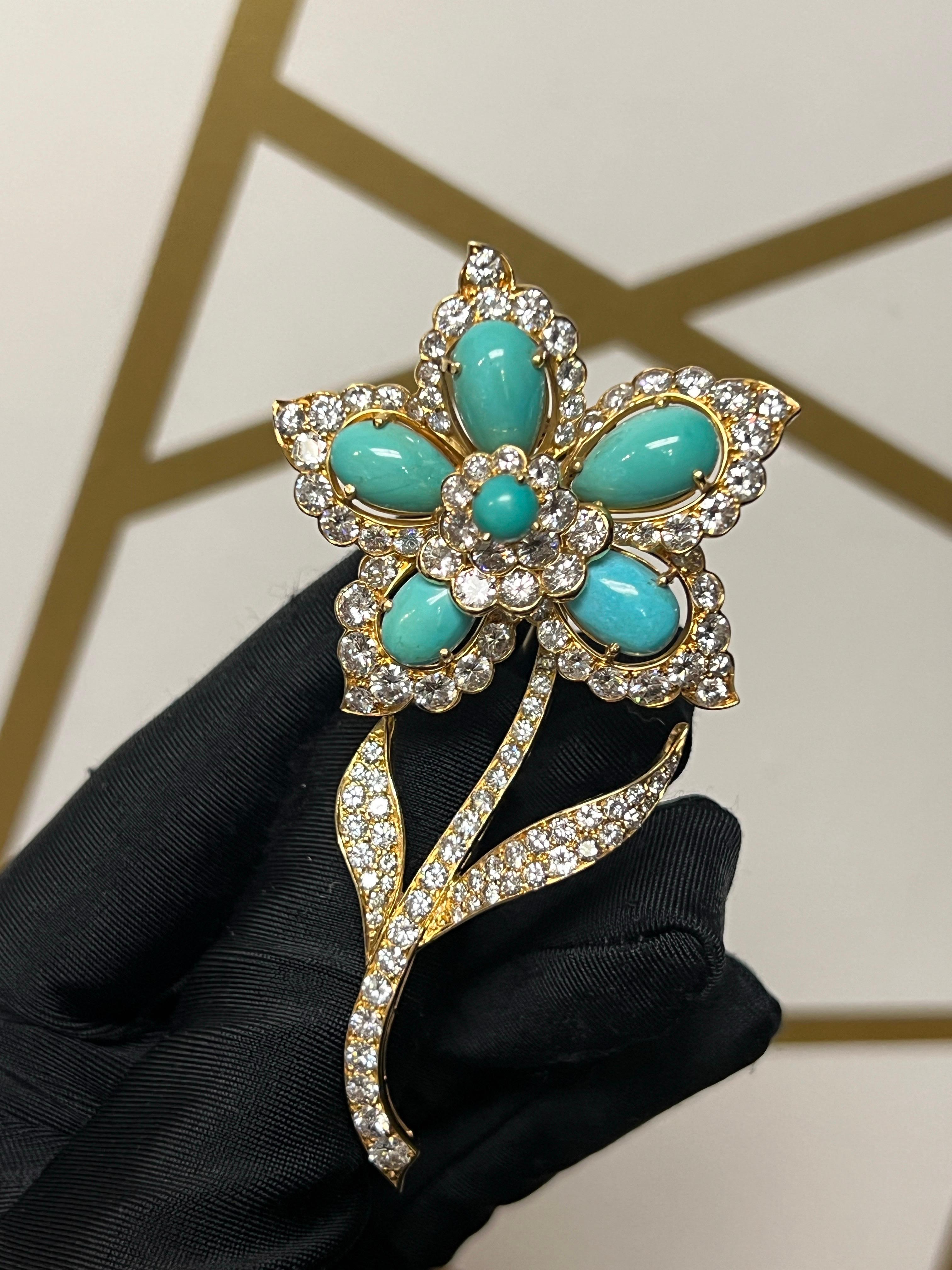 Spilla in turchese Van Cleef & Arpels

Spilla floreale con turchese cabochon e diamanti taglio rotondo

Firmato: V.I.I., NY e numerato
Peso approssimativo dei diamanti: 8,70 carati
Altezza approssimativa: 3,26