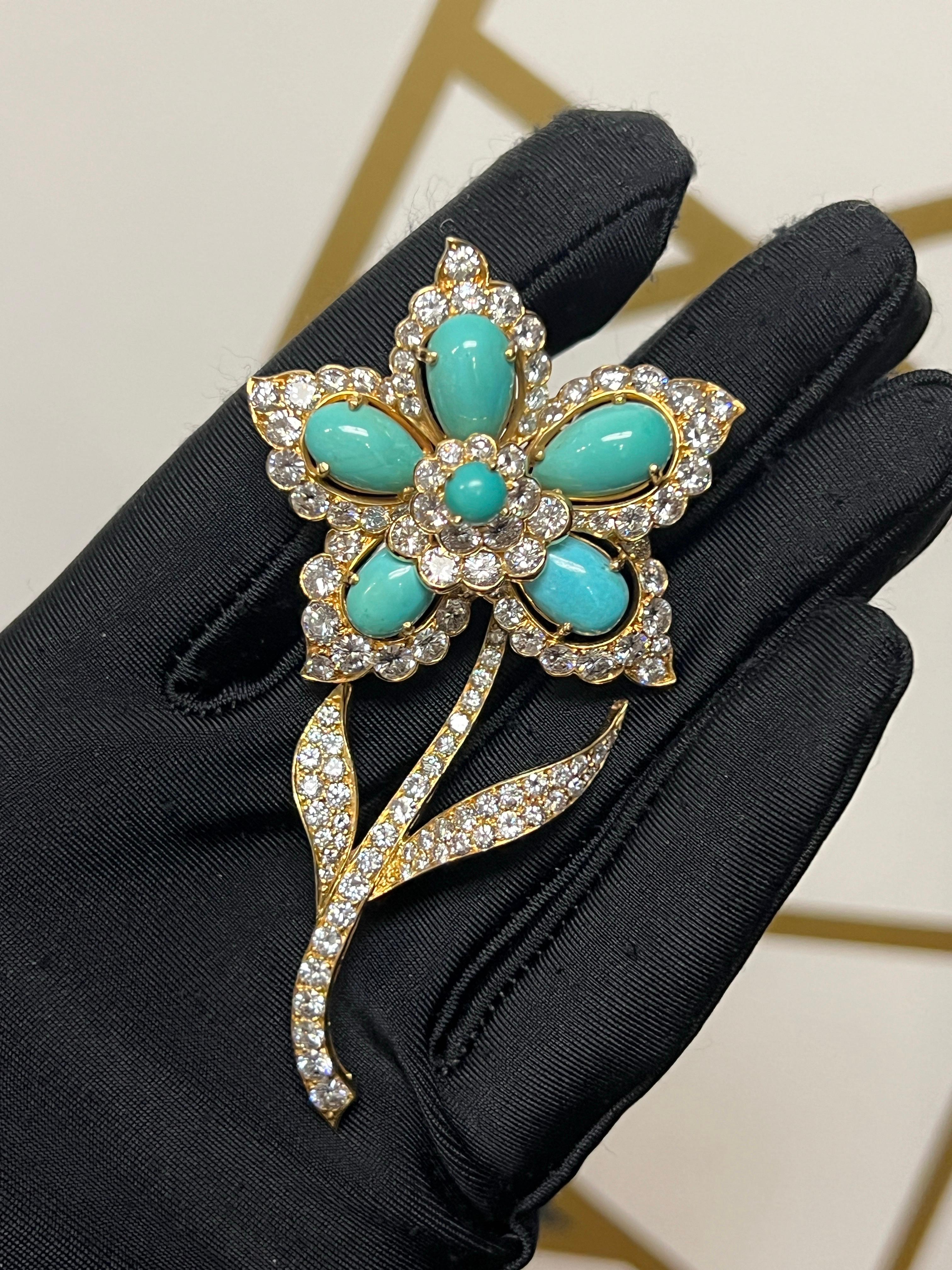 Taglio misto Spilla con fiore turchese Van Cleef & Arpels in vendita