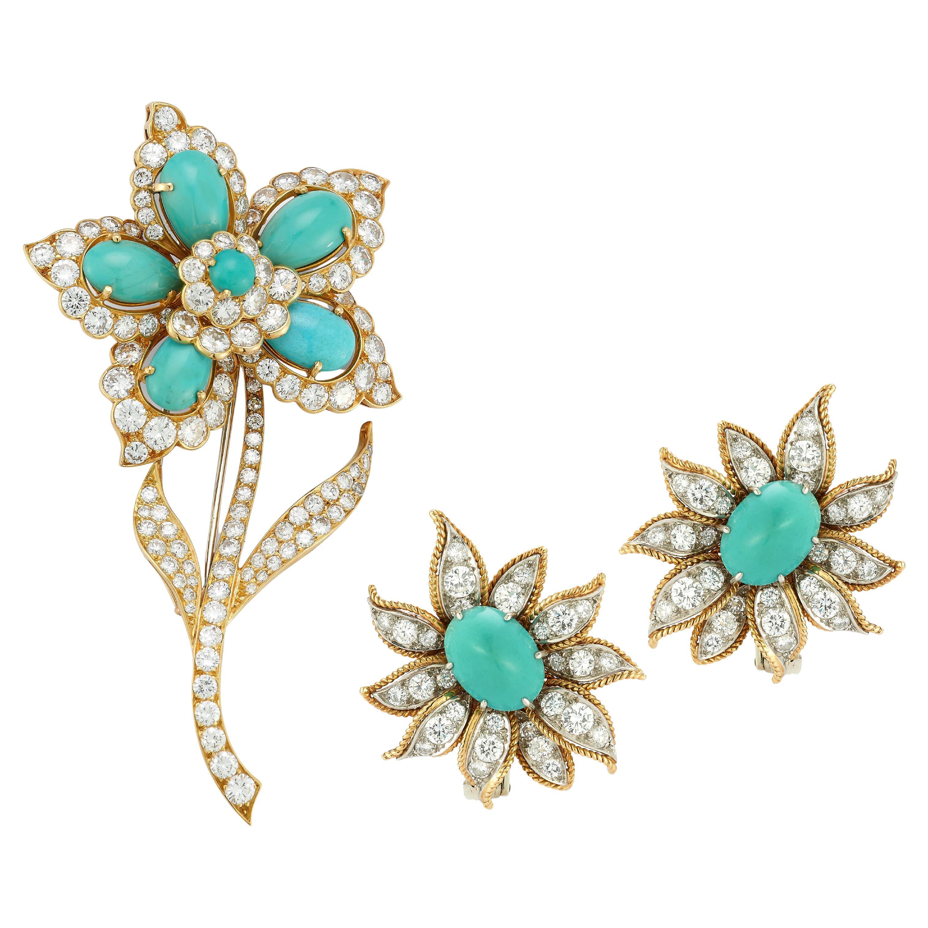 Van Cleef and Arpels Turquoise Flower Earrings and Brooch Set