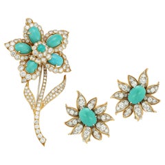 Van Cleef and Arpels ensemble boucles d'oreilles et broche fleur turquoise