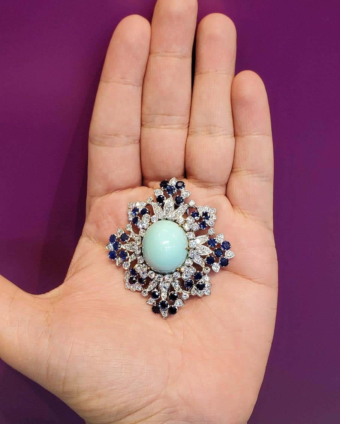 Colgante Broche Van Cleef & Arpels Zafiro Turquesa y Diamantes Corte redondo