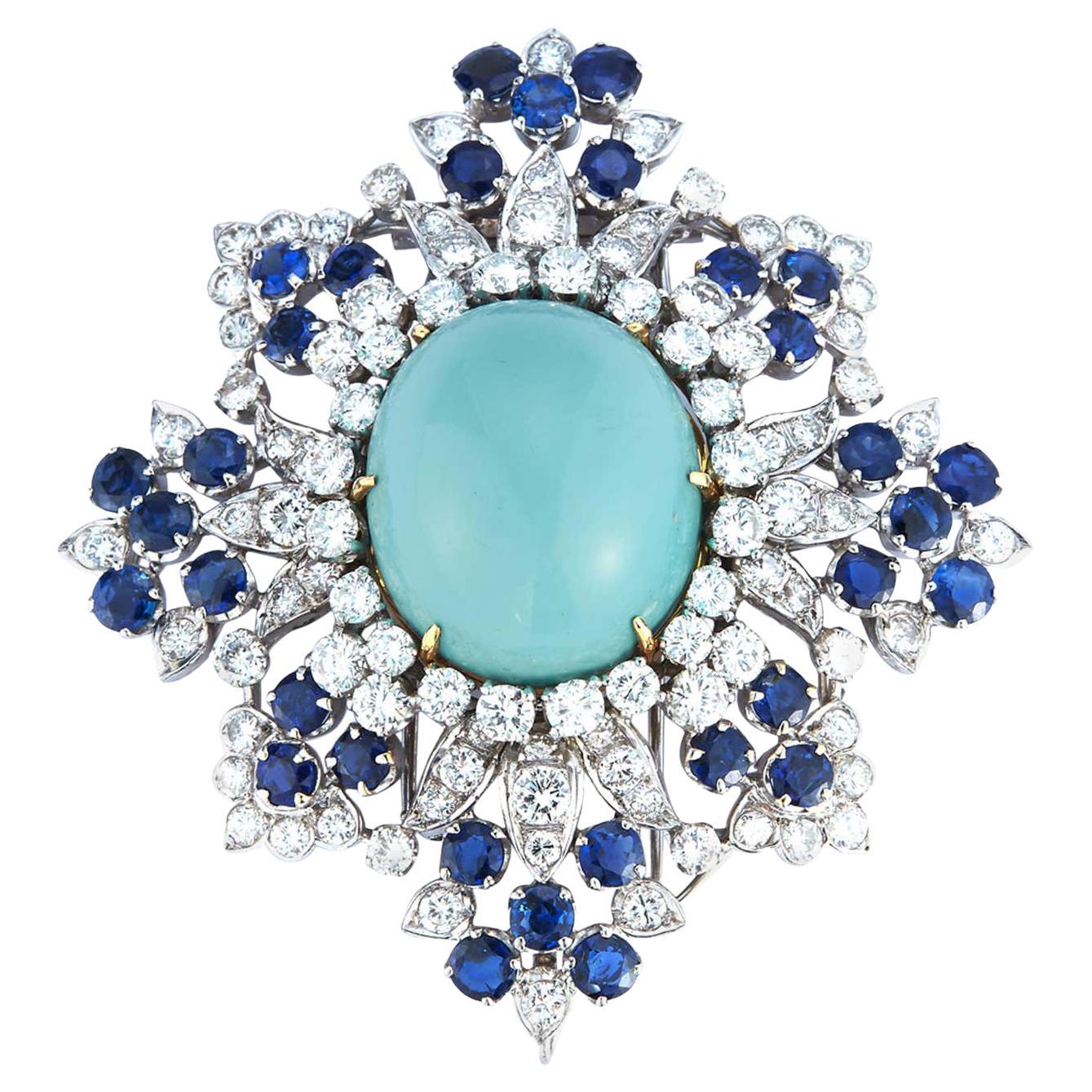Van Cleef & Arpels Turquoise Sapphire and Diamond Brooch Pendant