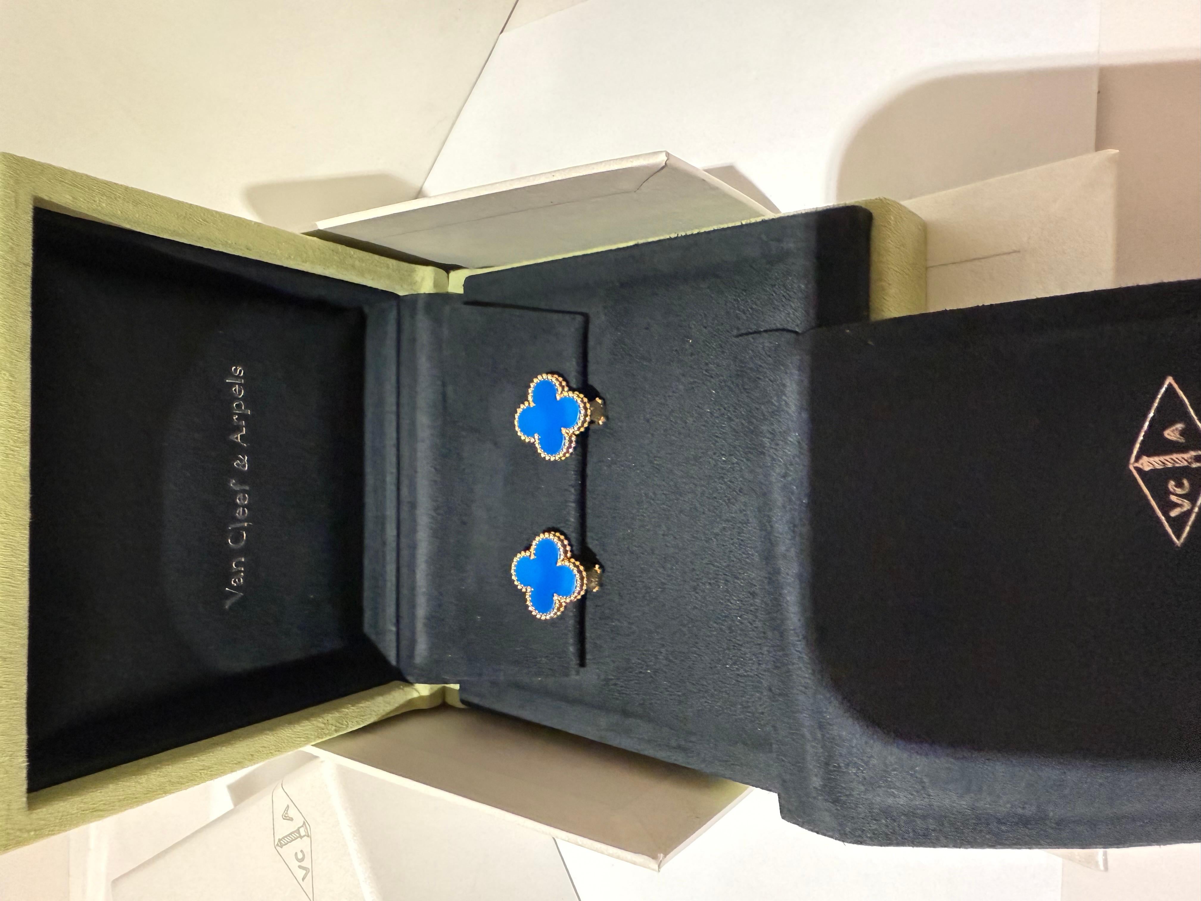 Women's or Men's Van Cleef and Arpels Vintage Alhambra Blue Agate earrings For Sale