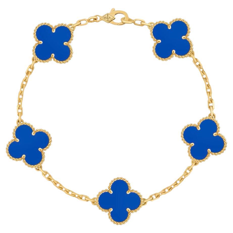 Van Cleef and Arpels vintage alhambra bracelet 5 motifs blue agate For Sale
