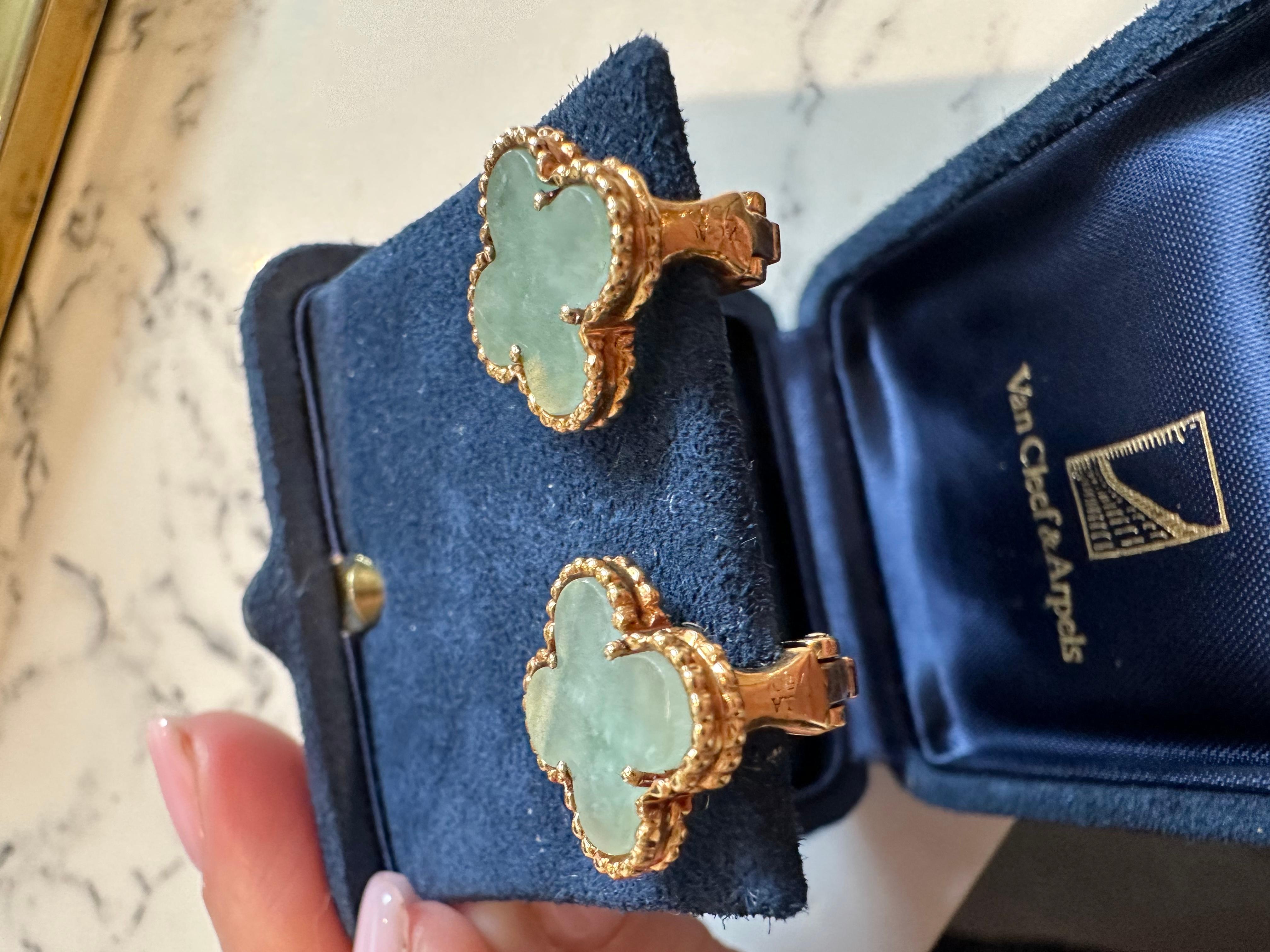 Mixed Cut Van Cleef and Arpels Vintage Alhambra Jade gold earrings