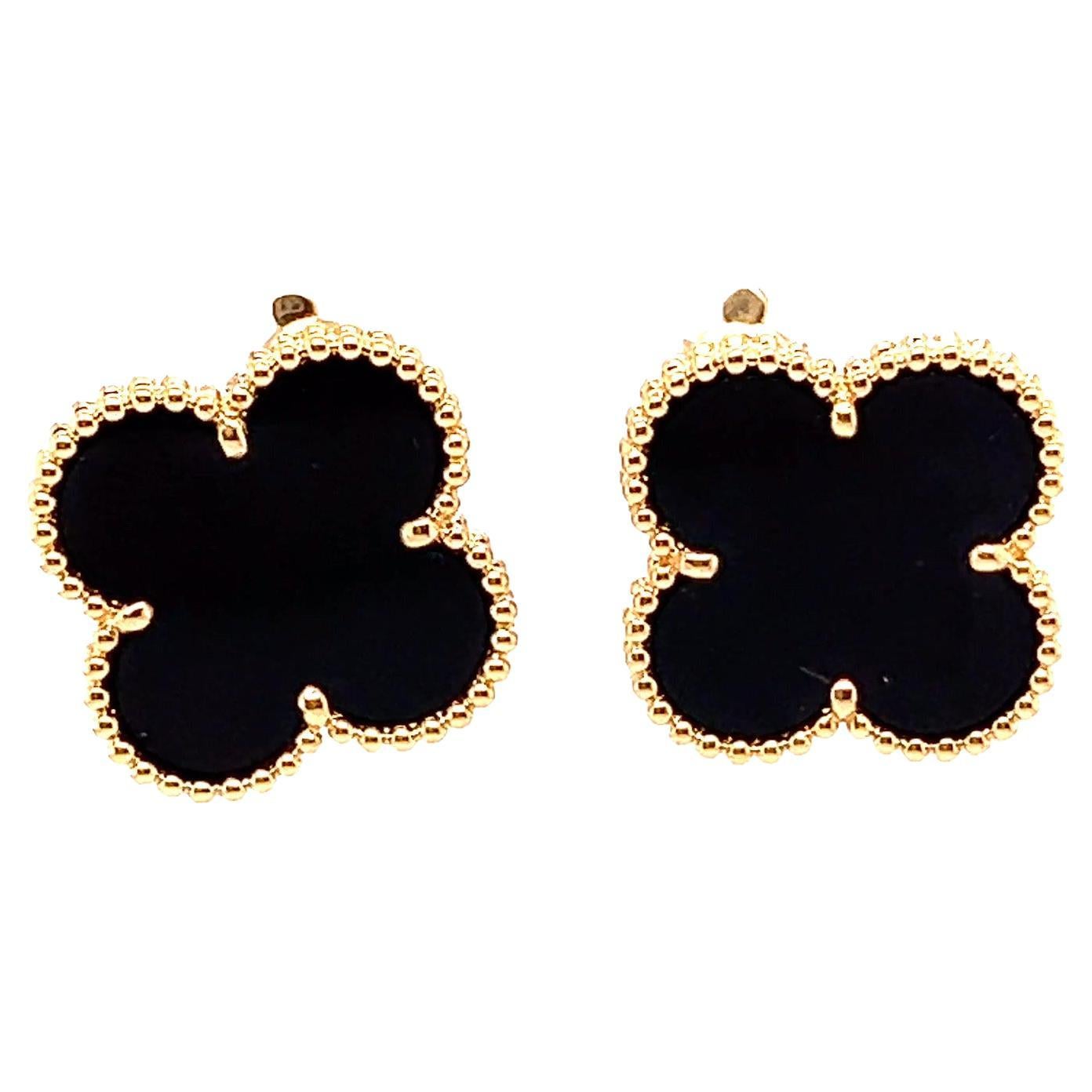 Van Cleef and Arpels Vintage Alhambra Onyx 18 Karat Gold Earrings
