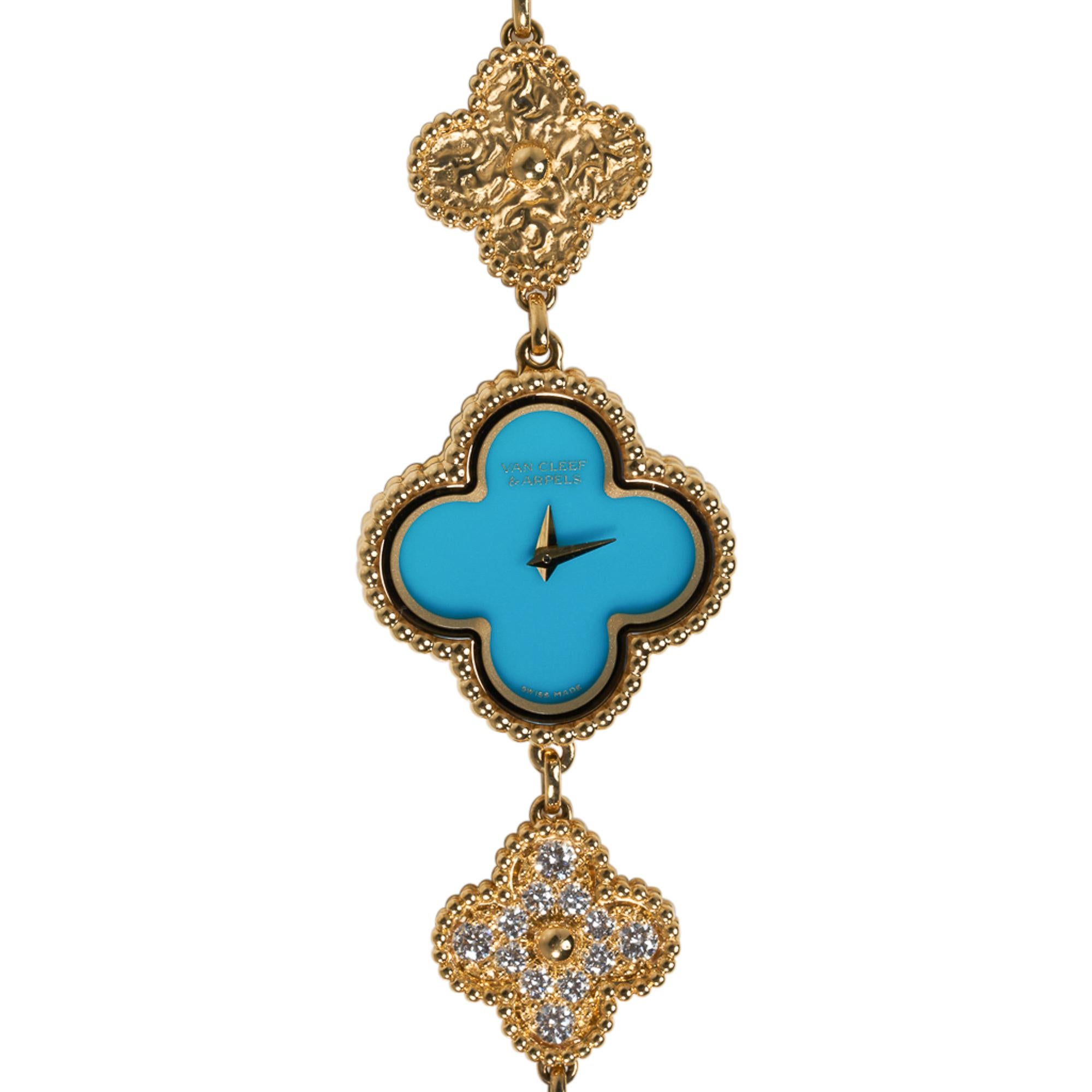 Guaranteed authentic Van Cleef and Arpels limited edition Sweet Alhambra highly collectible Turquoise and Diamond set ladies wristwatch.
Numbered and one of only 100 produced.
This elegant quartz watch features 18K yellow gold.
Produced in