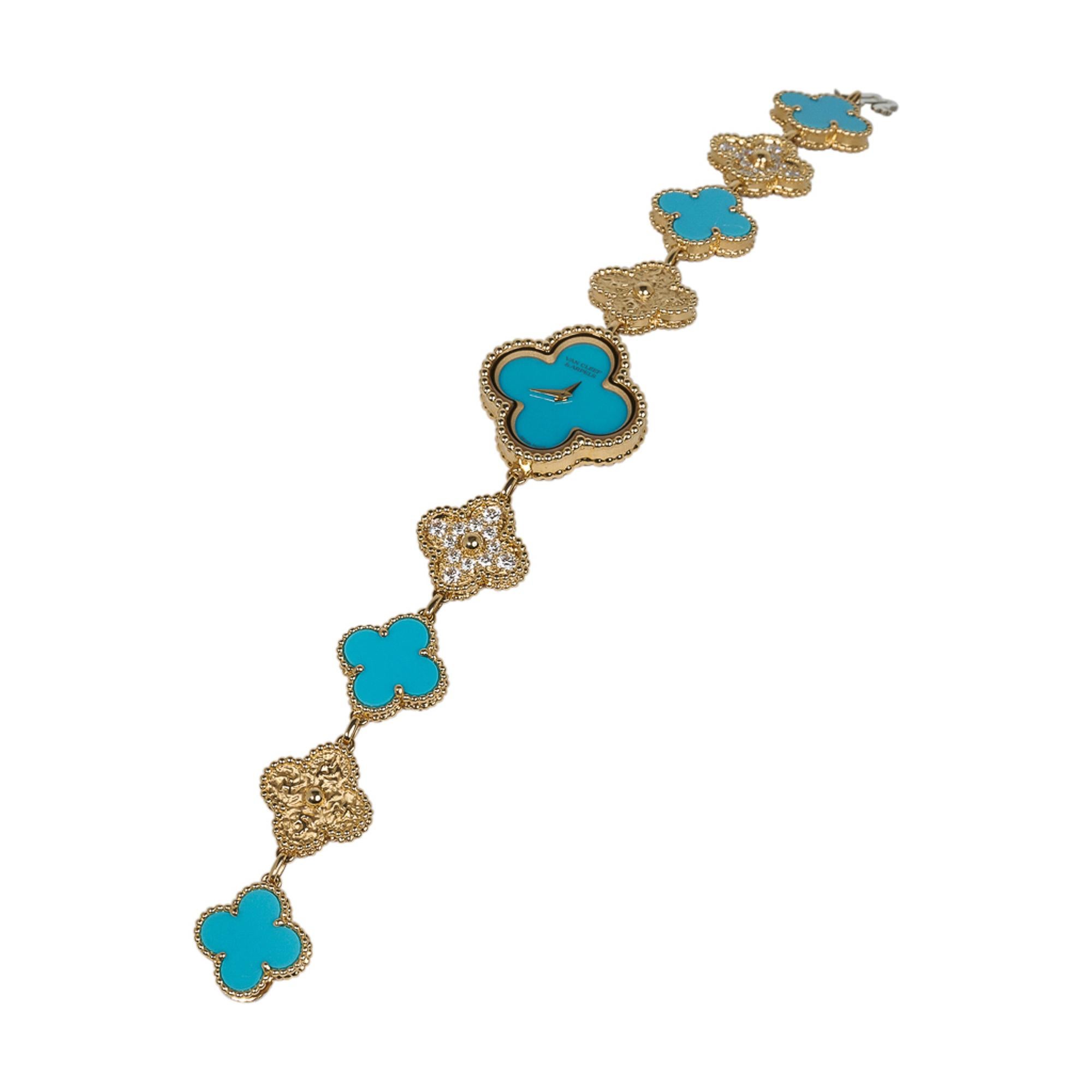 Taille brillant Van Cleef & Arpels Montre Turquoise / Diamant Sweet Alhambra 18 Karat Numérotée