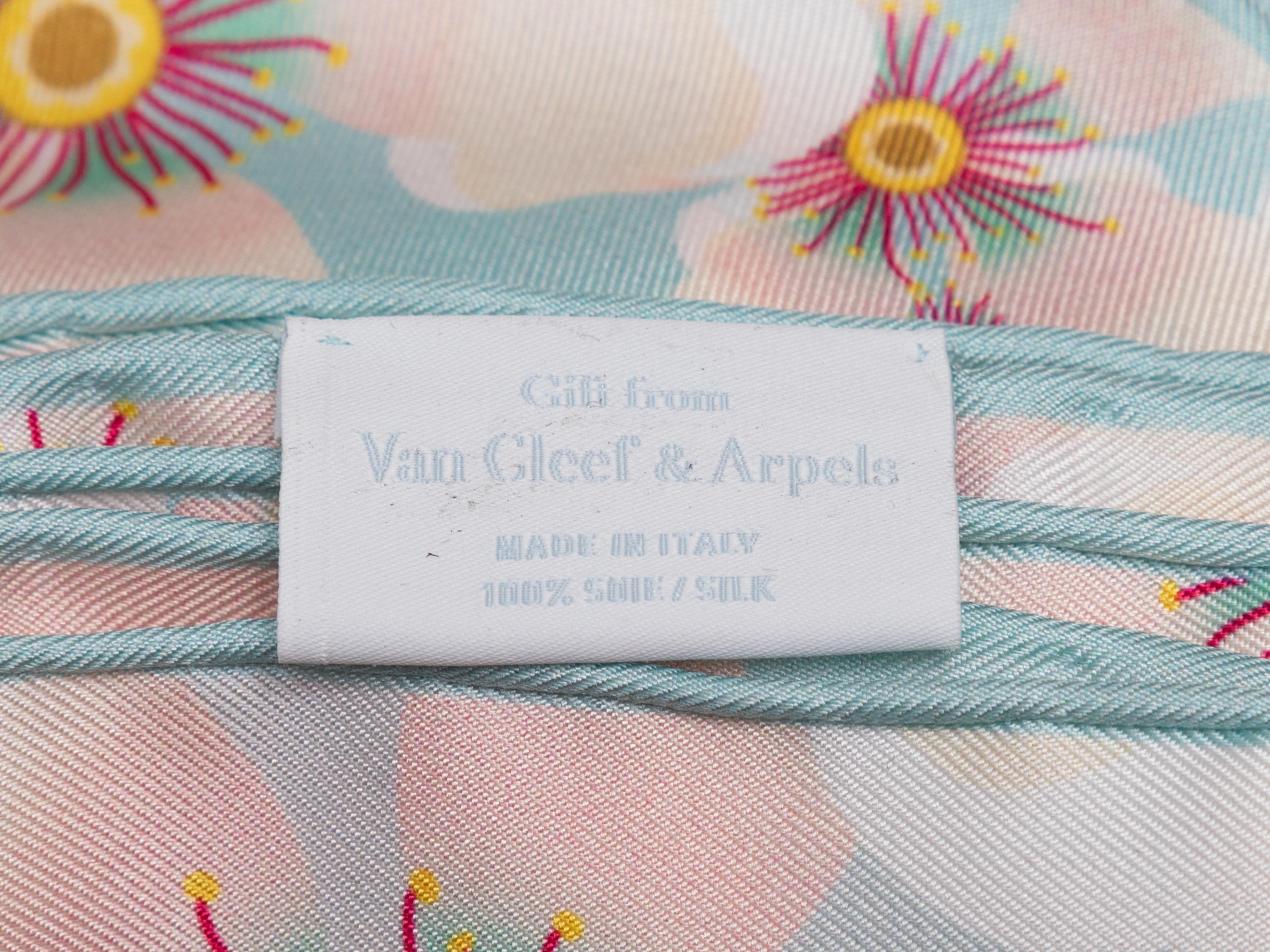 Product Details: Light pink and multiclor floral print silk scarf by Van Cleef and Arpels x Charlotte Gastaut. 34.5