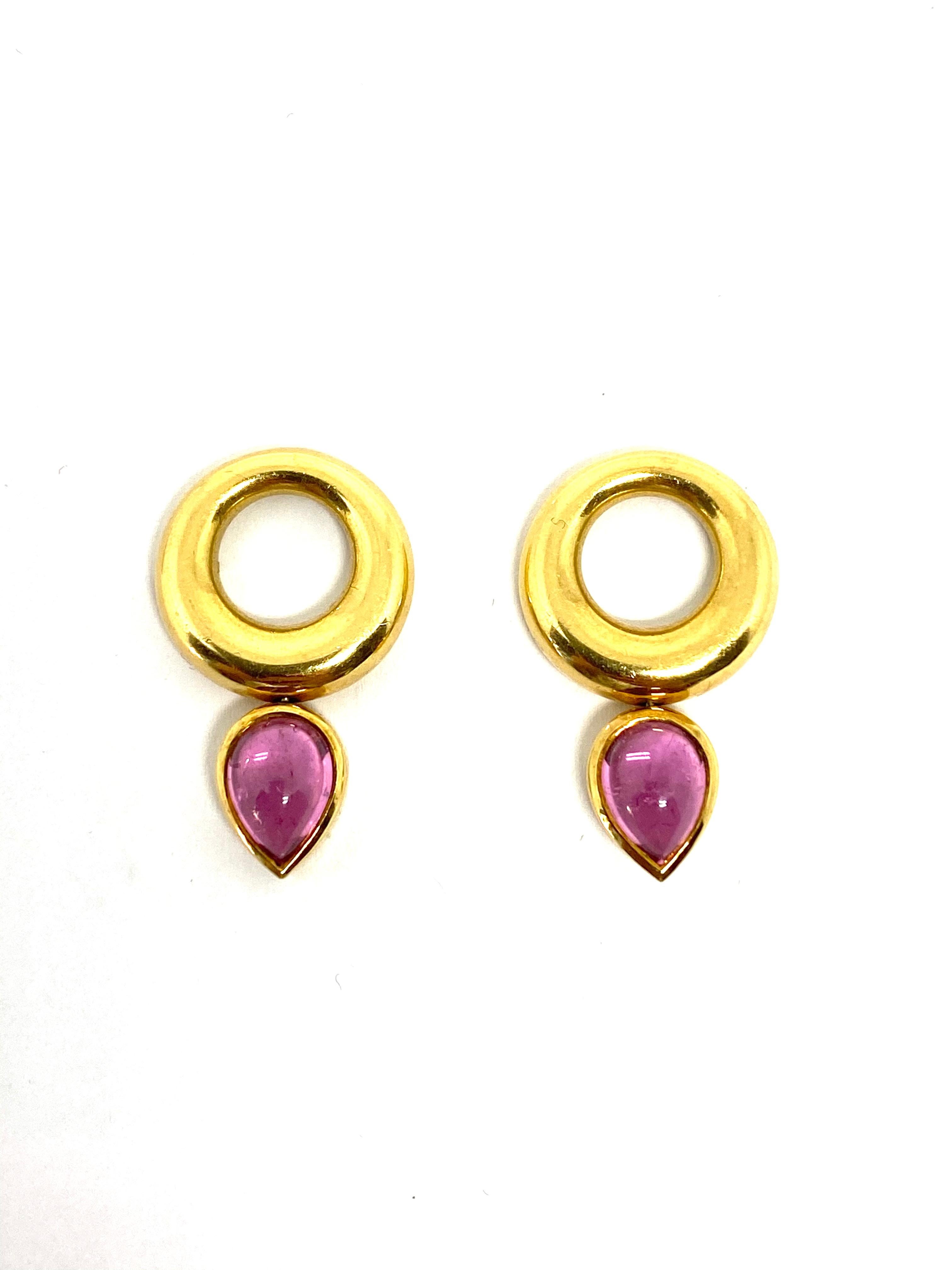 Van Cleef and Arpels Yellow Gold, Pink Tourmaline and Diamond Hoop Earrings In Excellent Condition In Beverly Hills, CA