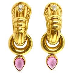 Van Cleef and Arpels Yellow Gold, Pink Tourmaline and Diamond Hoop Earrings
