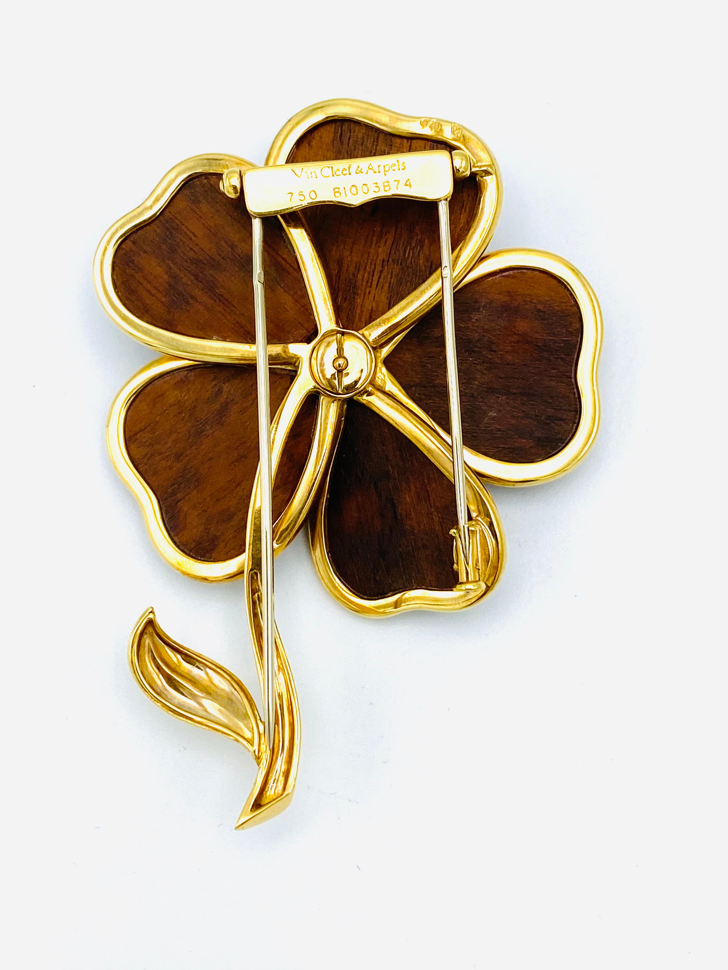 Women's Van Cleef and Arpels Clematis Yellow Gold, Wood and Diamond Flower Clip Brooch  For Sale
