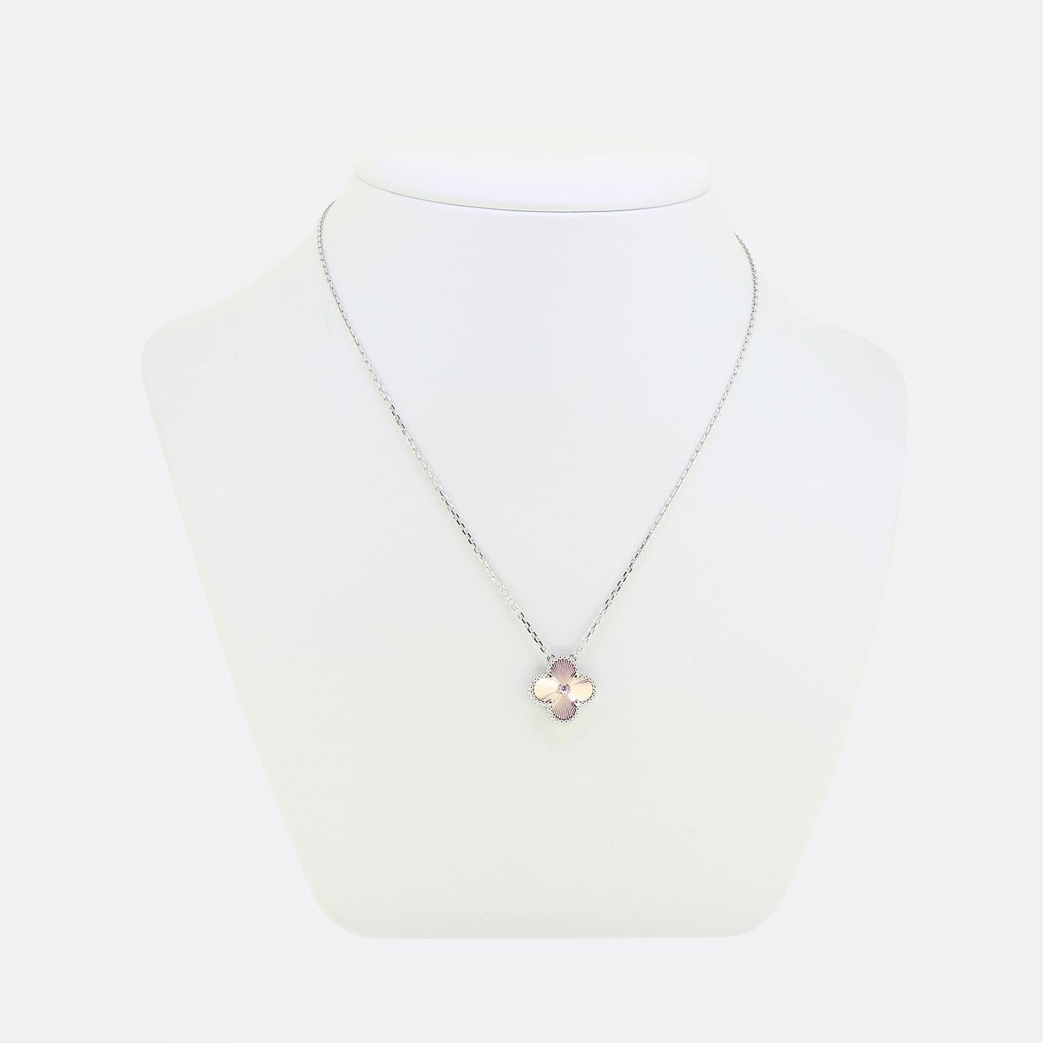 Here we have a limited edition necklace from the world renowned luxury jewellery house of Van Cleef & Arpels. This piece forms part of the 2024 Holiday collection and features a pendant with beaded edging and rose gold guilloche inlay. Further