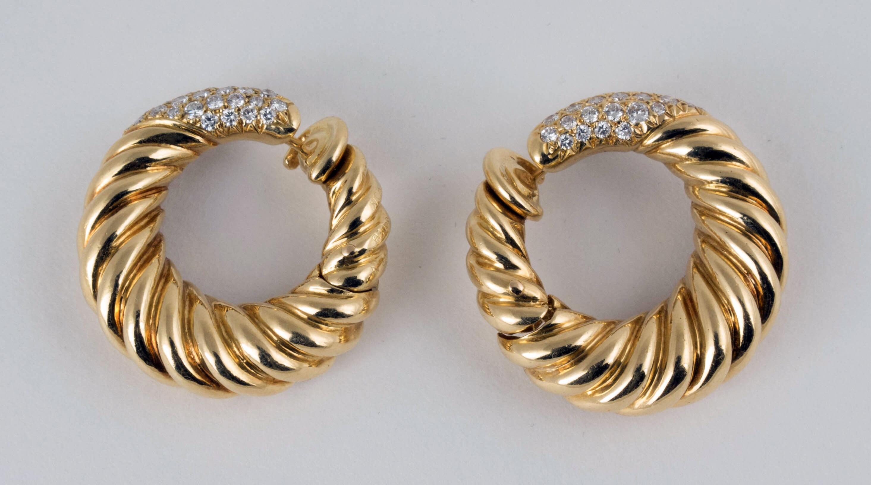 Modern Van Cleef & Arpels 18 Karat Gold Diamond Hoop Earrings