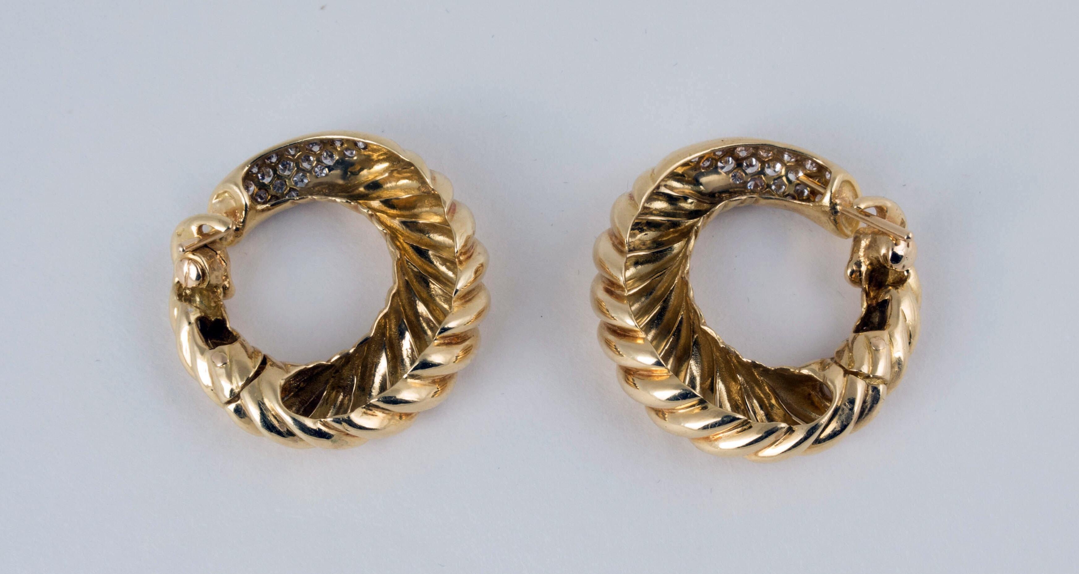 Round Cut Van Cleef & Arpels 18 Karat Gold Diamond Hoop Earrings