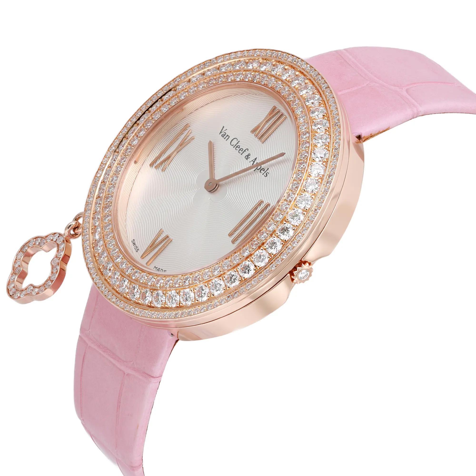 Van Cleef & Arpel Charm 38mm 18K Rose Gold Diamond Silver Dial Watch VCARM93600 In Excellent Condition In New York, NY