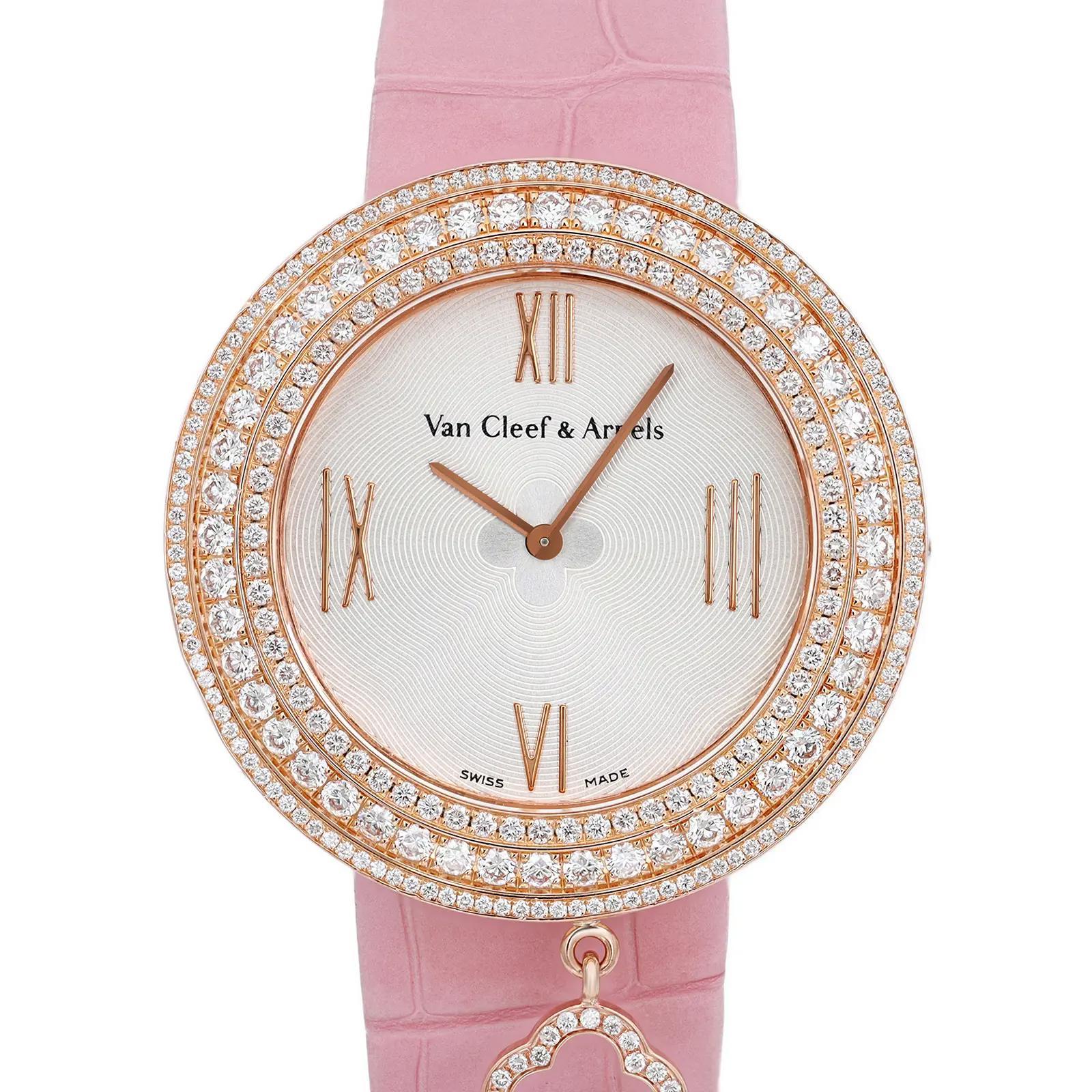 Women's Van Cleef & Arpel Charm 38mm 18K Rose Gold Diamond Silver Dial Watch VCARM93600 For Sale