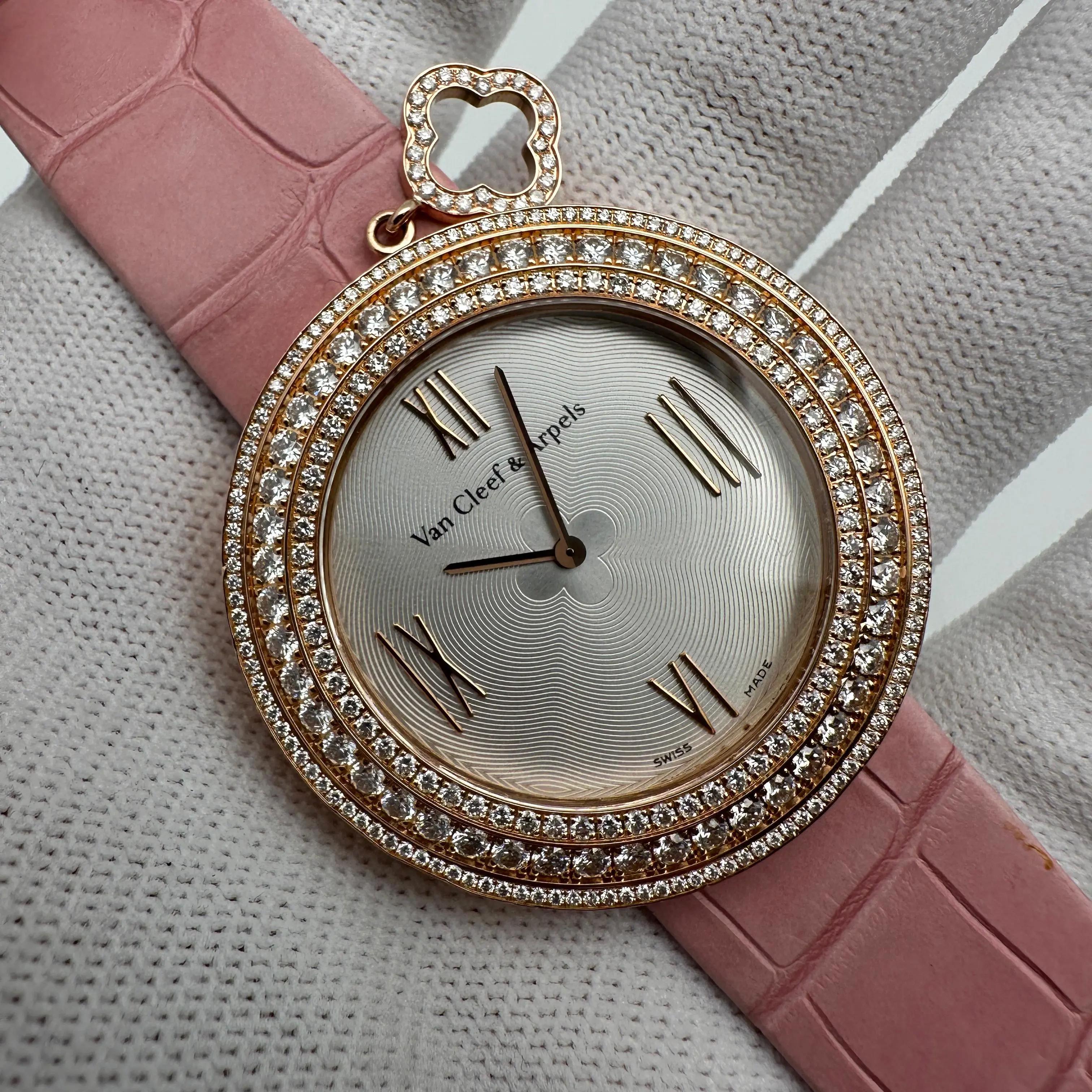 Van Cleef & Arpel Charm 38mm 18K Rose Gold Diamond Silver Dial Watch VCARM93600 For Sale 1