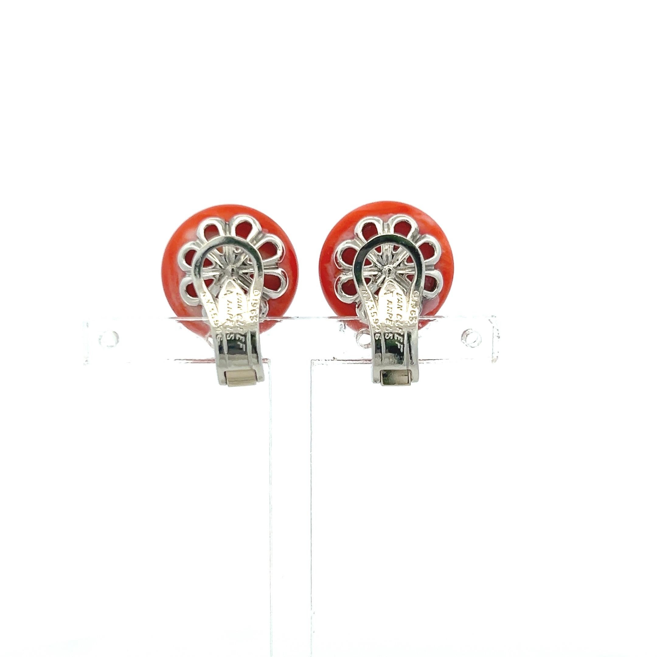 Round Cut Van Cleef & Arpels 0.50 Carat Round Diamond Coral Platinum Clip On Earrings For Sale