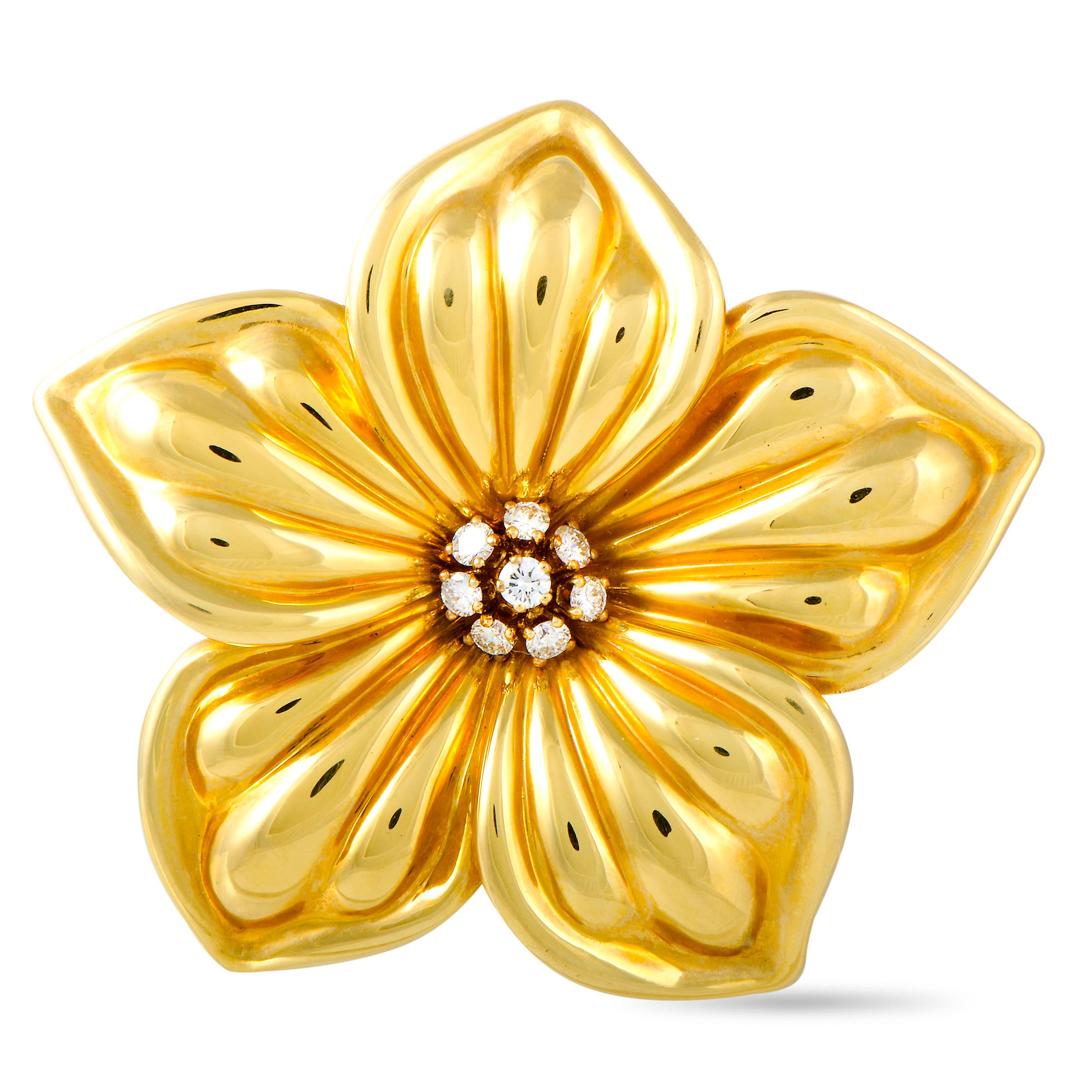 This Van Cleef & Arpels brooch is crafted from 18K yellow gold and weighs 25.7 grams, measuring 2.20” in length and 2.20” in width. The brooch is set with diamonds that total 0.85 carats and boast grade E color and VS1 clarity.

Offered in estate