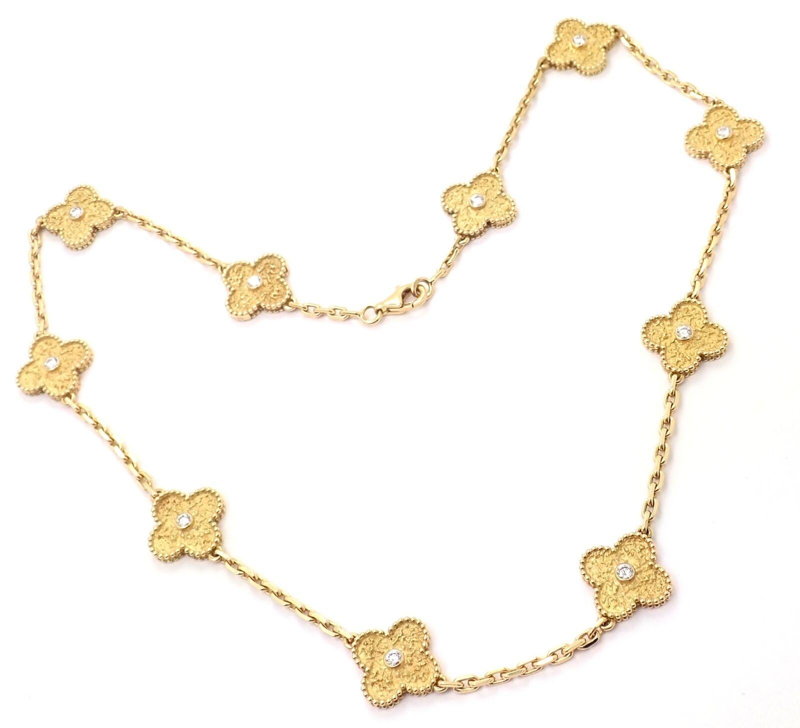 18k Yellow Gold 10 Motif Diamond Vintage Alhambra Necklace by Van Cleef & Arpels.
With 10 round brilliant cut diamond VVS1 clarity, 
E color total weight .60ct 
This necklace comes with certificate of authenticity from a VCA store and a VCA