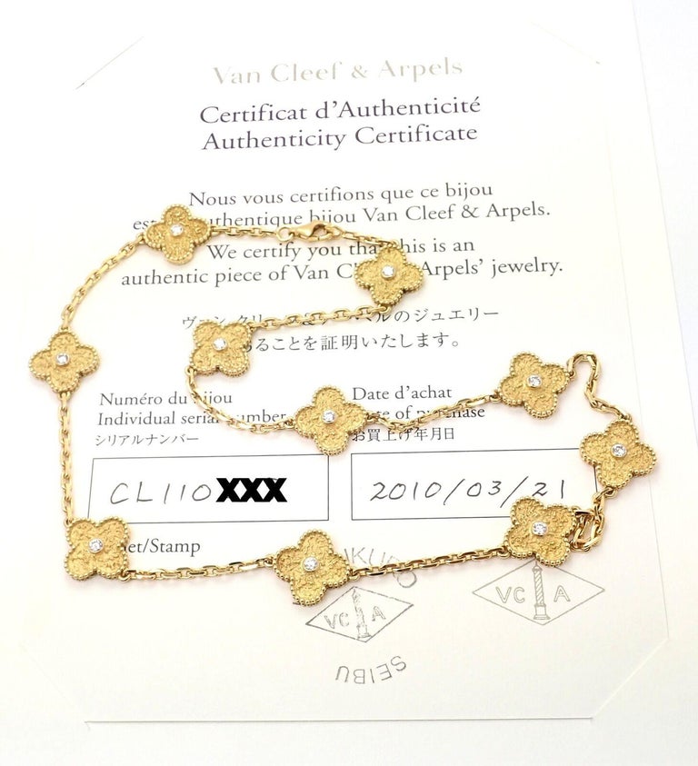 Brilliant Cut Van Cleef & Arpels 10 Motif Diamond Vintage Alhambra Yellow Gold Necklace For Sale