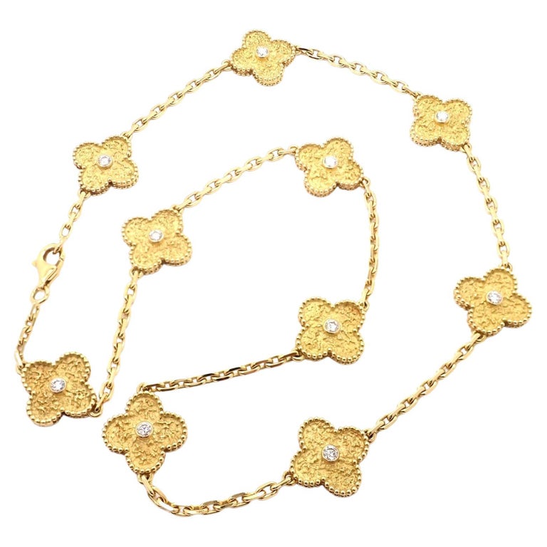 Van Cleef & Arpels 10 Motif Diamond Vintage Alhambra Yellow Gold Necklace For Sale