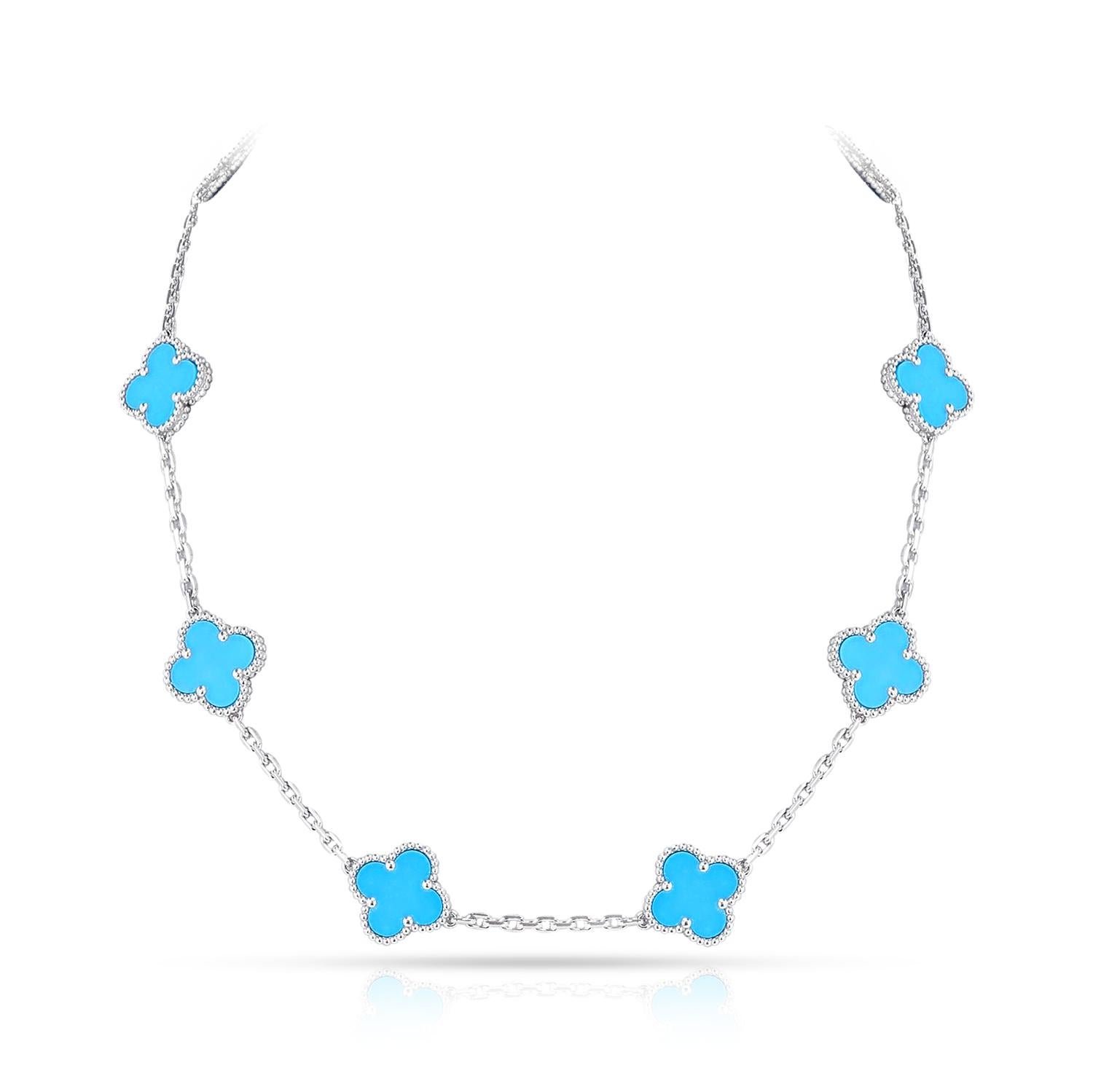 A Van Cleef & Arpels 10 Motif Turquoise Alhambra Necklace. Includes Includes certificate of authenticity