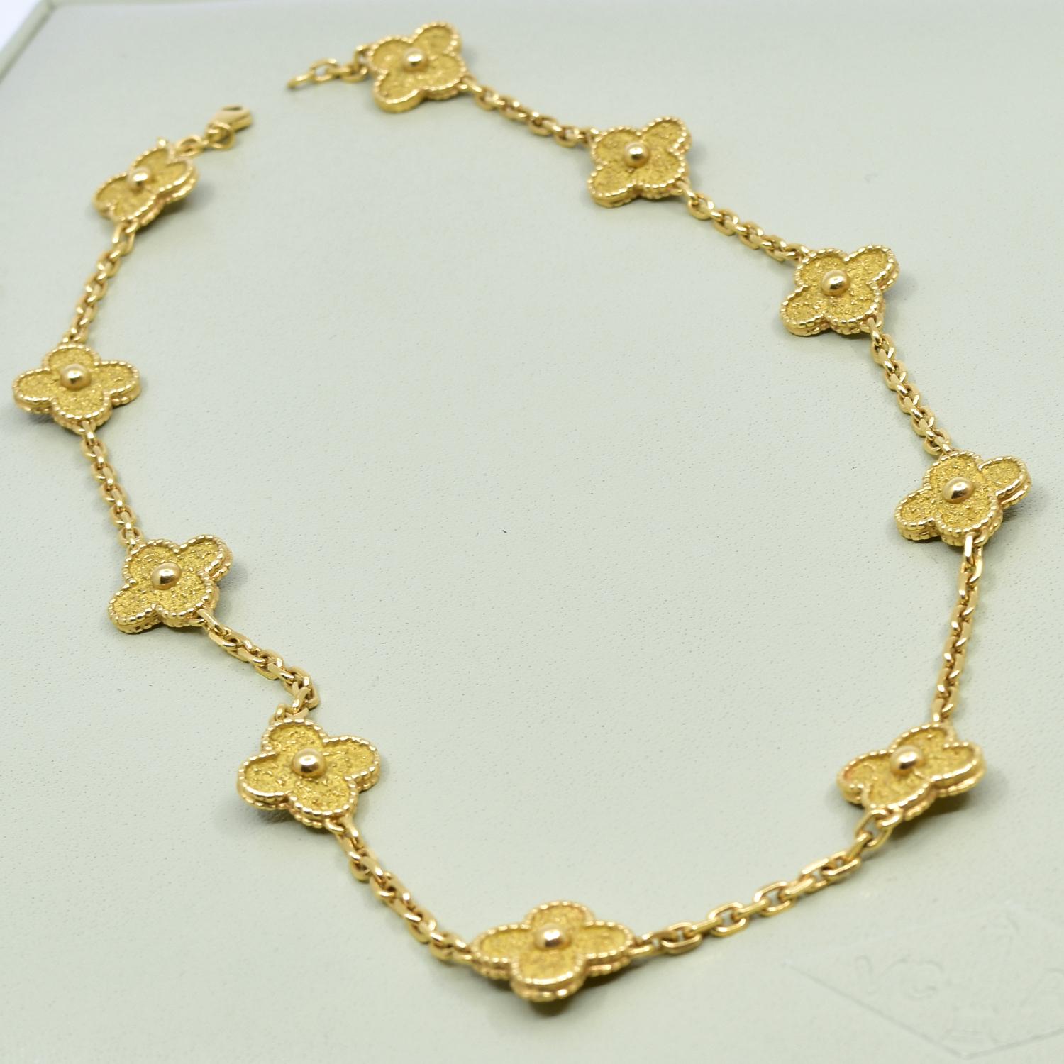 Designer: Van Cleef & Arpels

Collection: Vintage Alhambra

Style: 10 motif necklace

Metal Type: Yellow Gold 

Metal Purity: 18k​​​​​​​

Necklace length: 16.8 inches

Total Item Weight (grams): 30.1 g

​Includes: Brilliance Jewels 2 Year