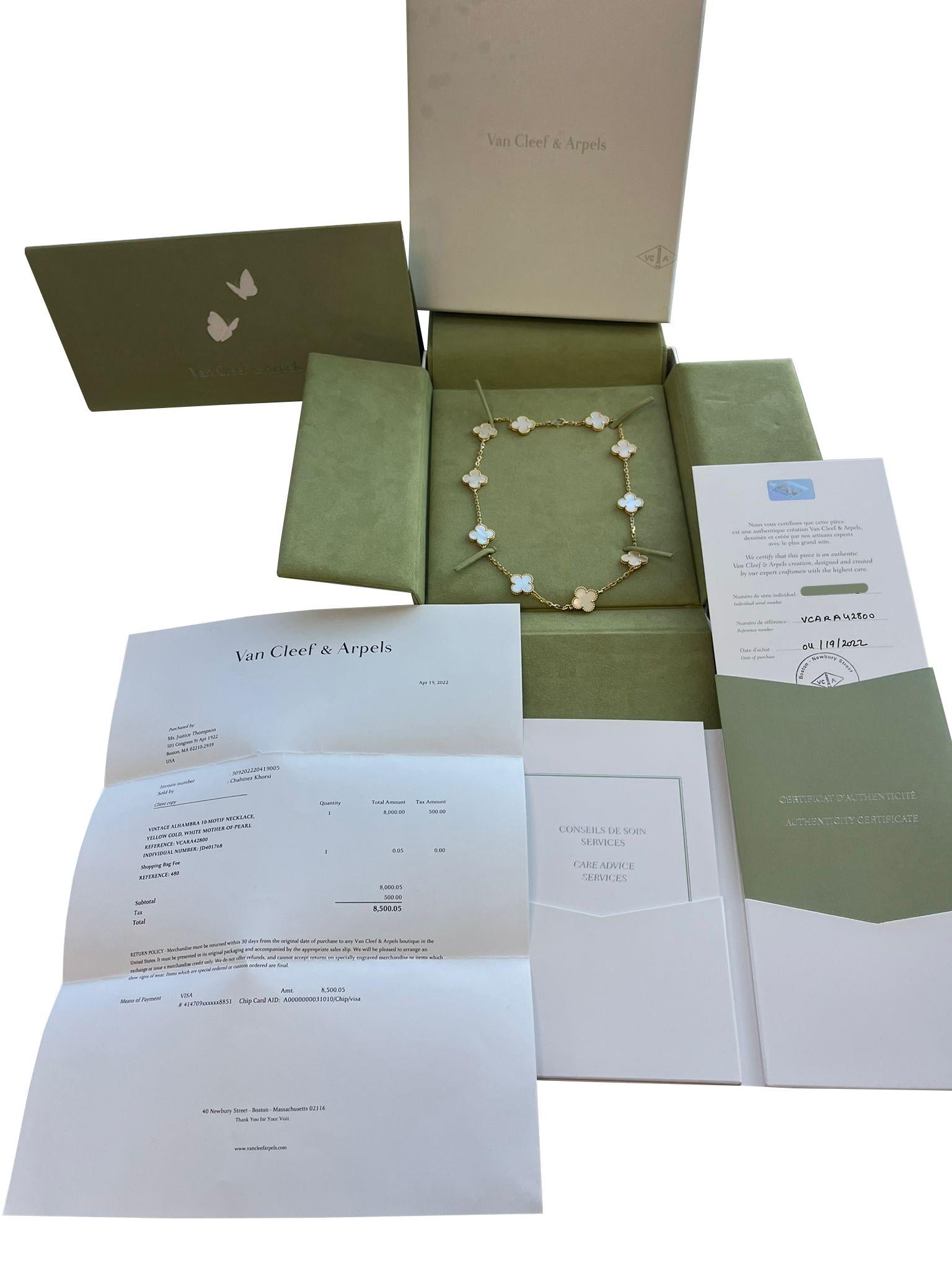 Van Cleef & Arpels 10 Motivi Madre di Perle in Oro 18K Collana Alhambra Vintage in vendita 2