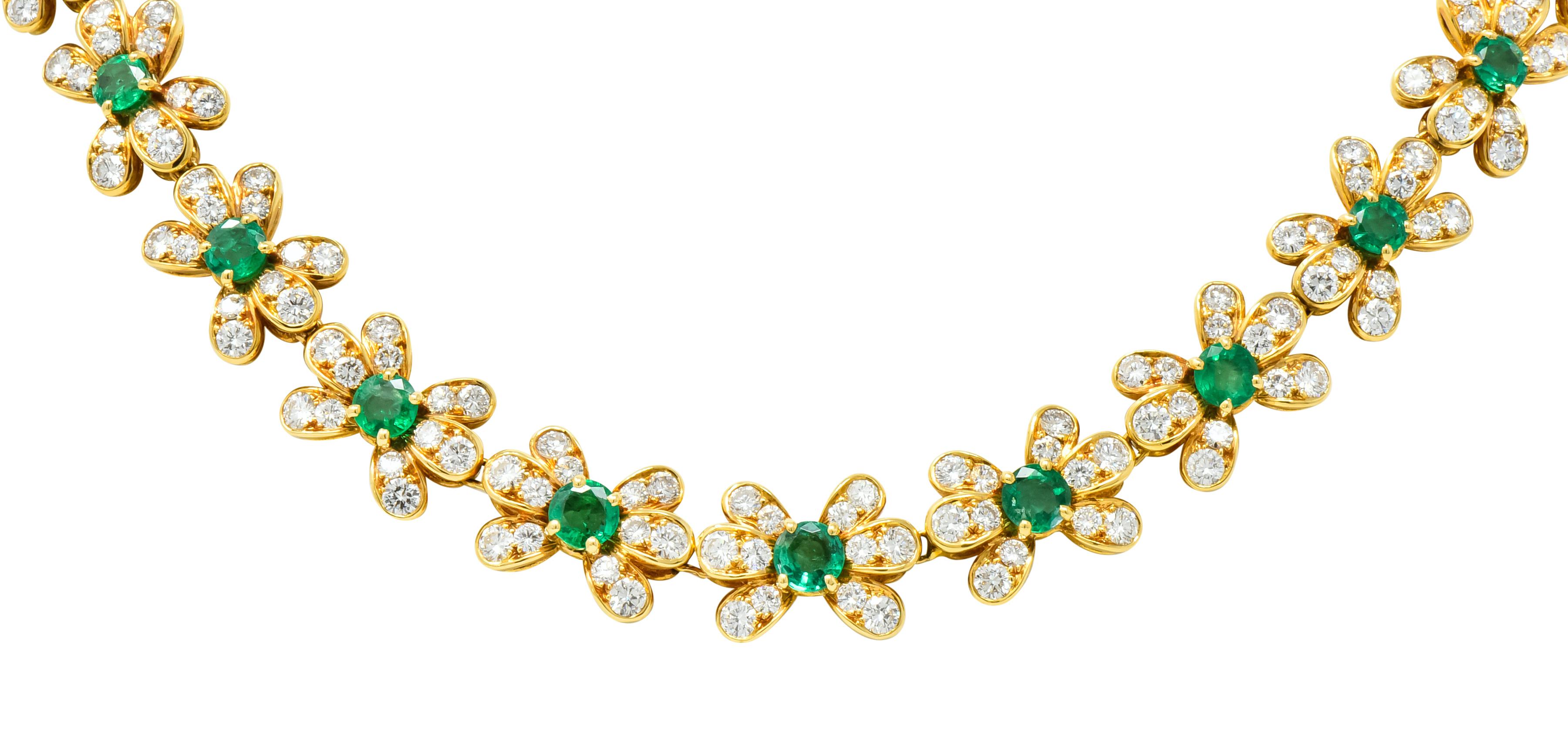 Van Cleef & Arpels 10.74 Carat Diamond Emerald 18 Karat Gold Floral Necklace In Excellent Condition In Philadelphia, PA