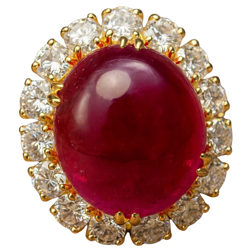 Van Cleef & Arpels 11 Carat Large Cabochon Ruby & Diamond Ring In Excellent Condition For Sale In Chicago, IL
