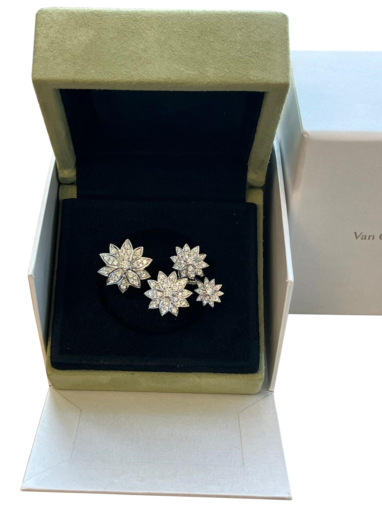Van Cleef & Arpels 1.18ct Lotus Between the Finger 4 Flowers Ring 18K White Gold For Sale 4