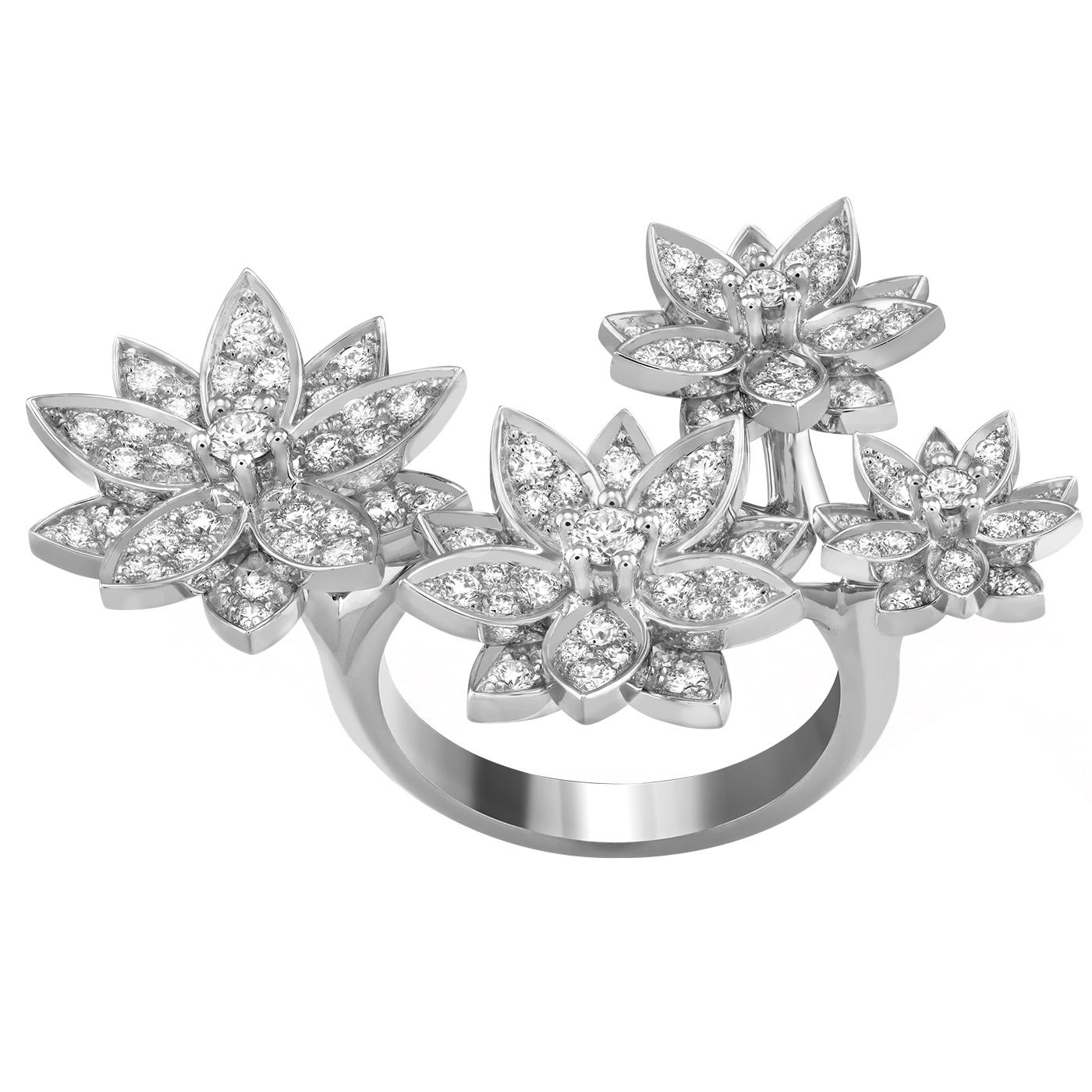 Modernist Van Cleef & Arpels 1.18ct Lotus Between the Finger 4 Flowers Ring 18K White Gold For Sale
