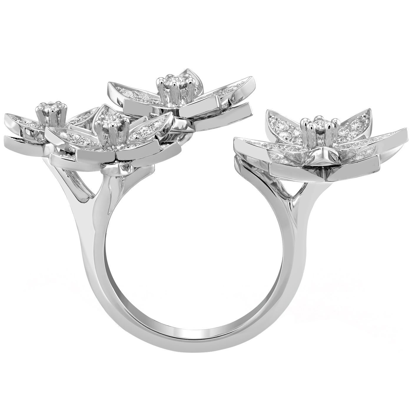 Round Cut Van Cleef & Arpels 1.18ct Lotus Between the Finger 4 Flowers Ring 18K White Gold For Sale