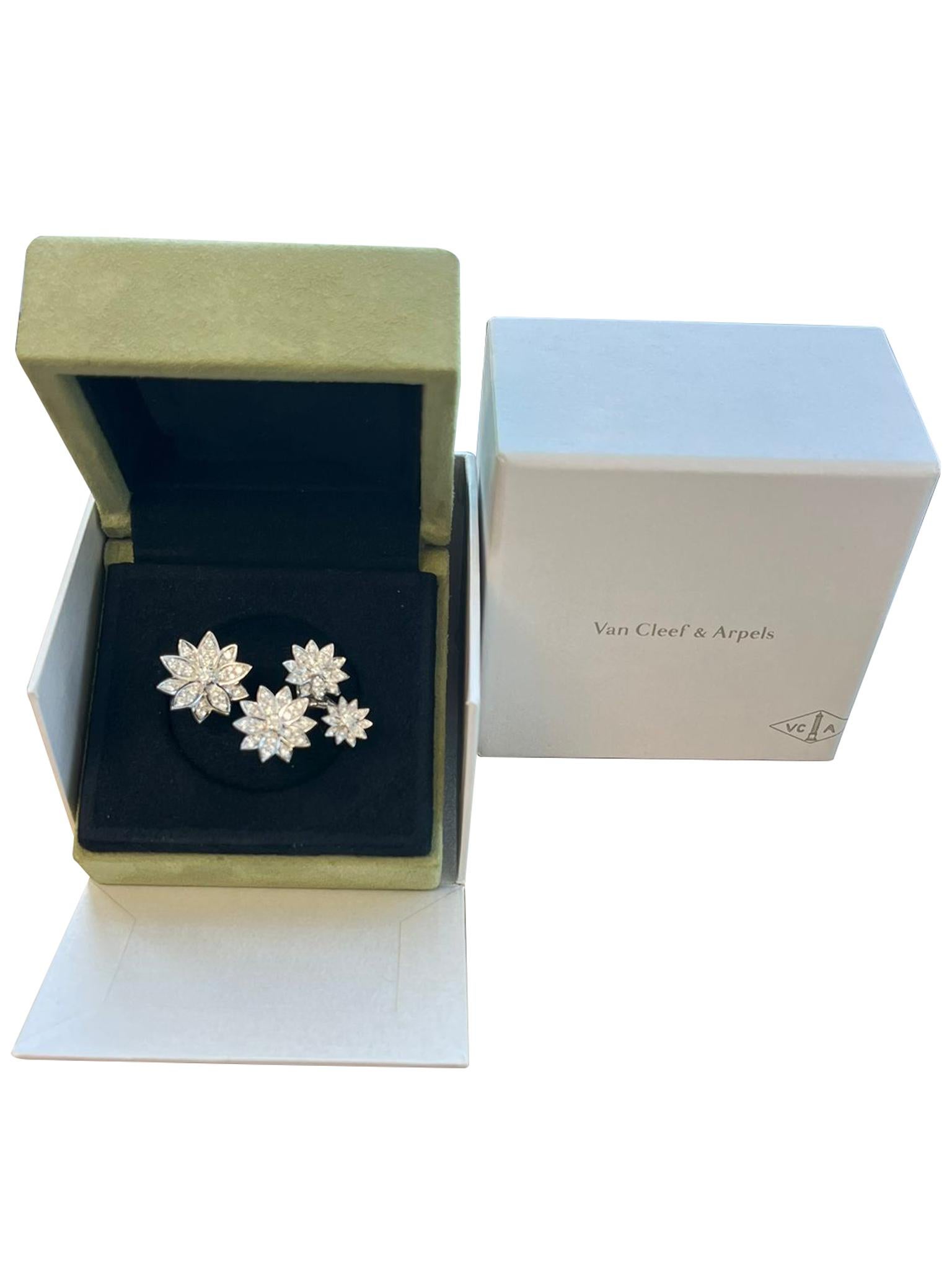 Van Cleef & Arpels 1.18ct Lotus Between the Finger 4 Flowers Ring 18K White Gold For Sale 1