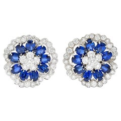 Van Cleef & Arpels 12.15 Carats Sapphire Diamond Platinum Camellia Flower Earrin