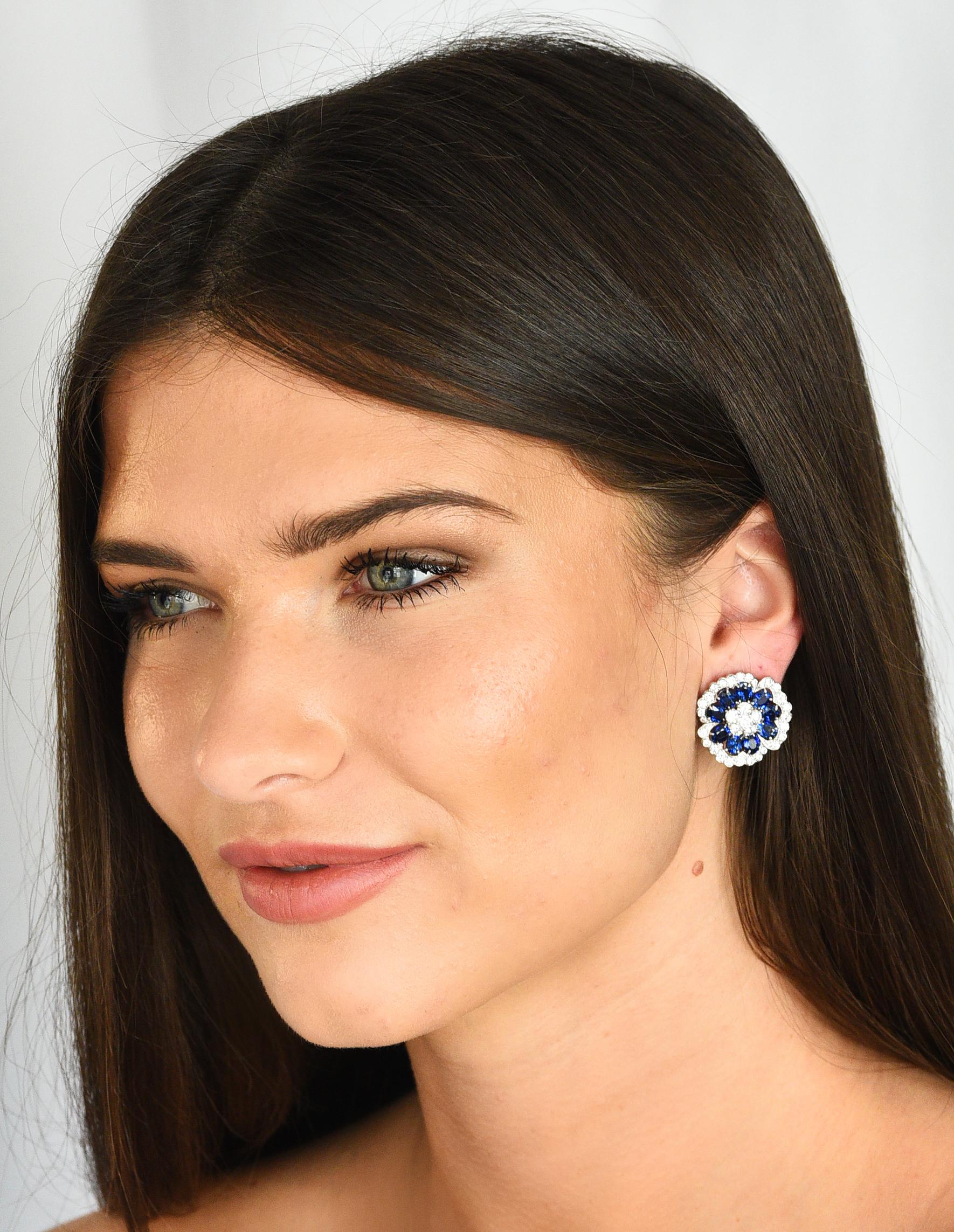 Van Cleef & Arpels 12.65 Carat Sapphire Diamond Platinum Camilla Flower Earrings 1