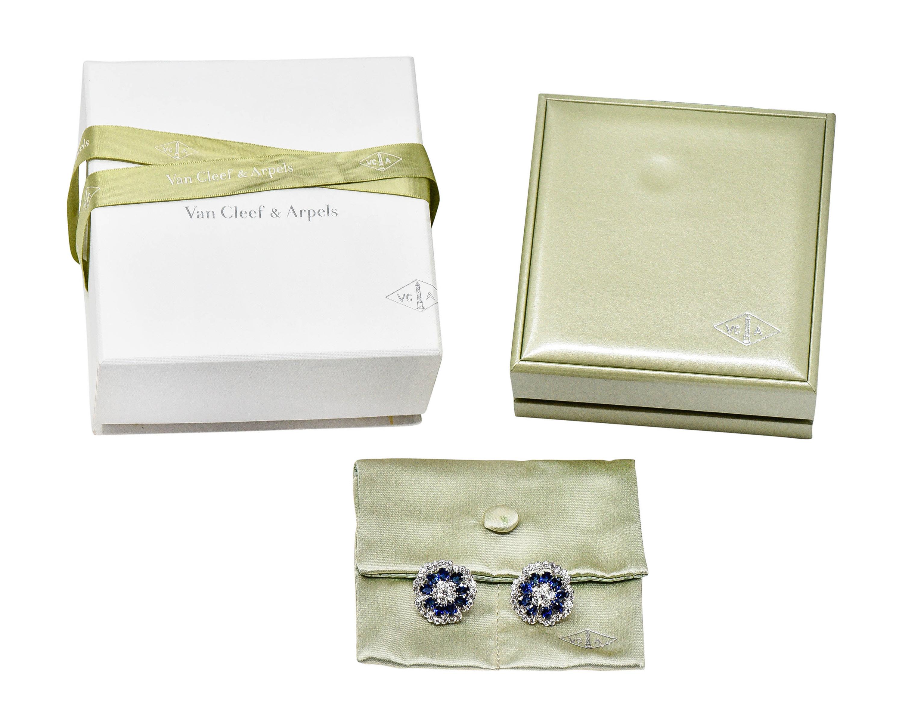 Men's Van Cleef & Arpels 12.65 Carat Sapphire Diamond Platinum Camilla Flower Earrings