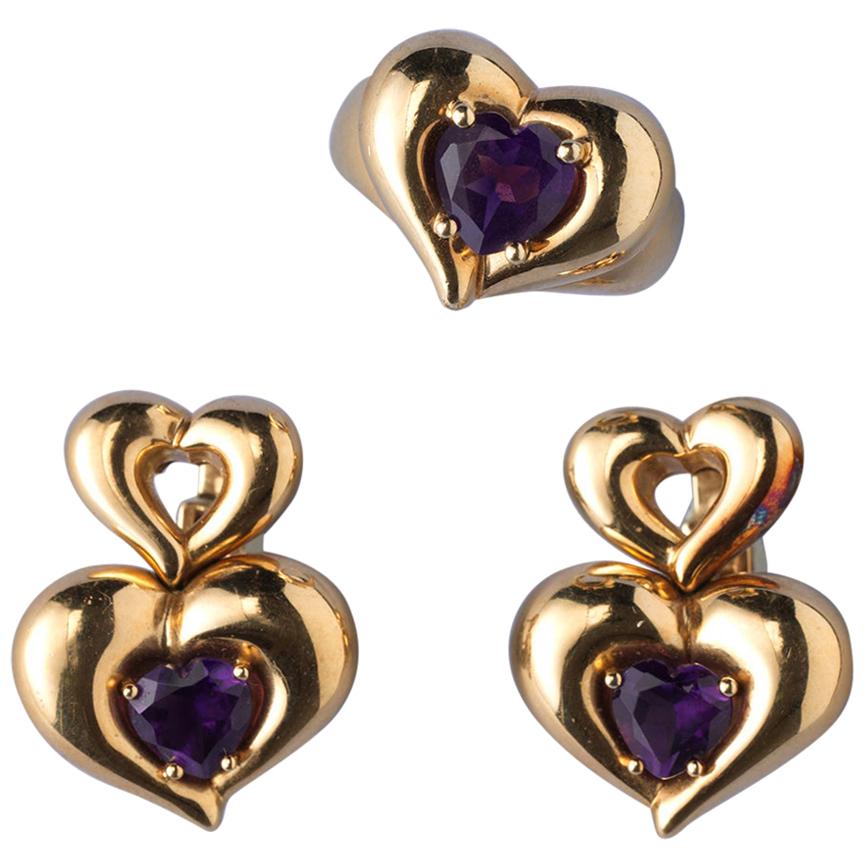 Van Cleef & Arpels 18 Carat Gold Heart Shaped Earrings and Ring with Amethyst