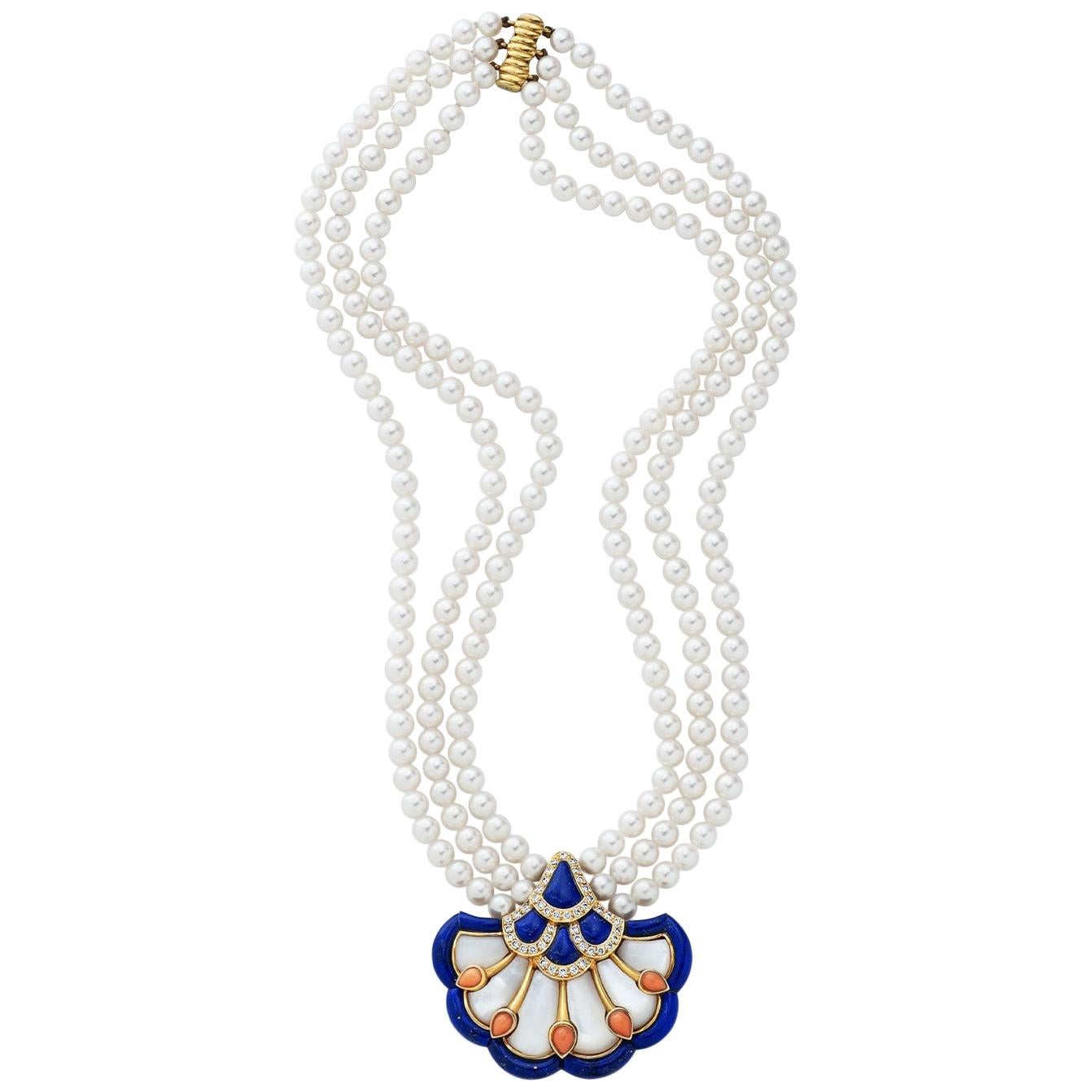 Van Cleef & Arpels 18 Karat Gold 0.82 Carat Diamond Lapis, Coral & MOP Necklace For Sale