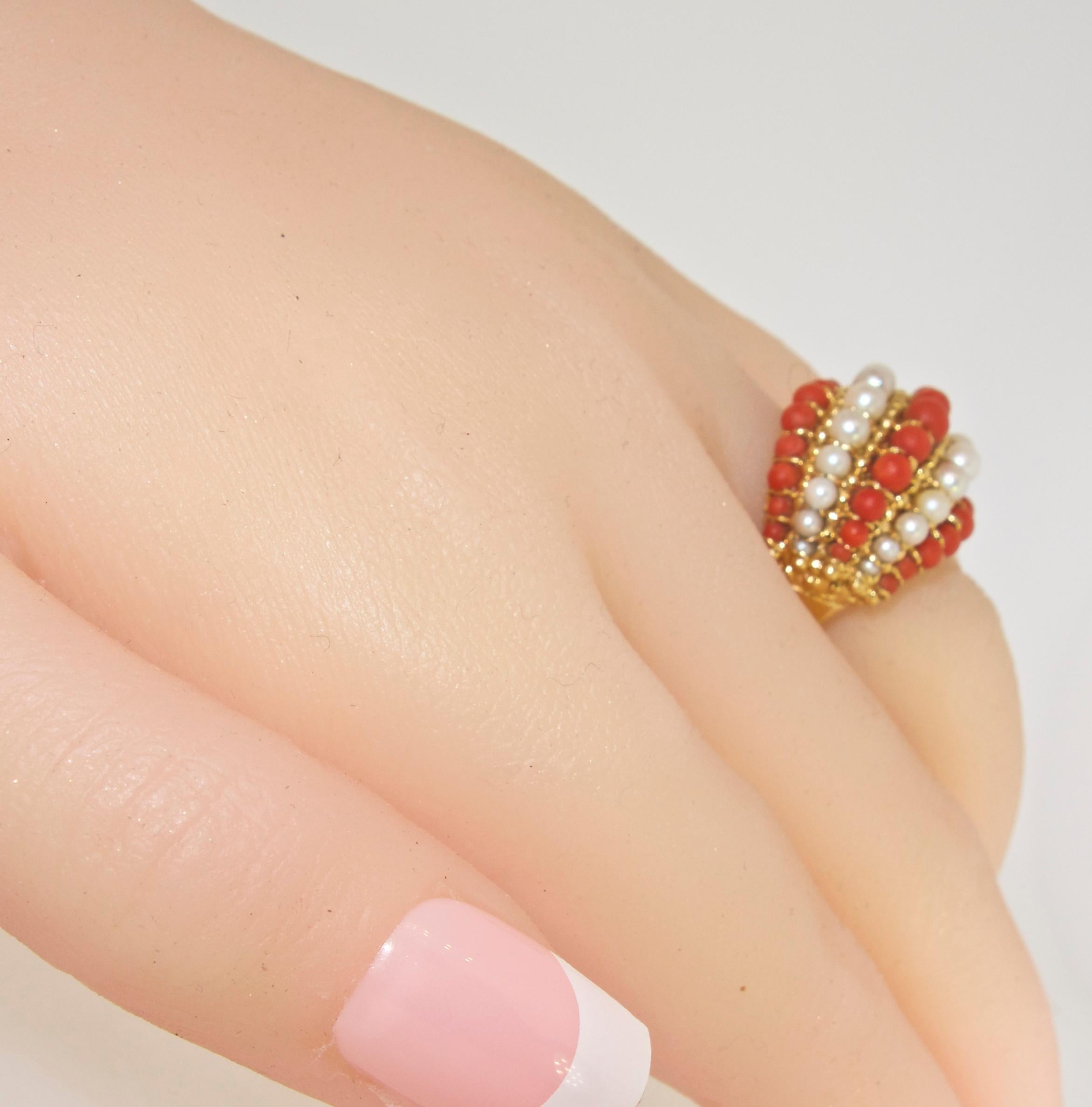 Van Cleef & Arpels 18 Karat Gold, Coral and Pearl Ring, circa 1960 In Excellent Condition In Aspen, CO