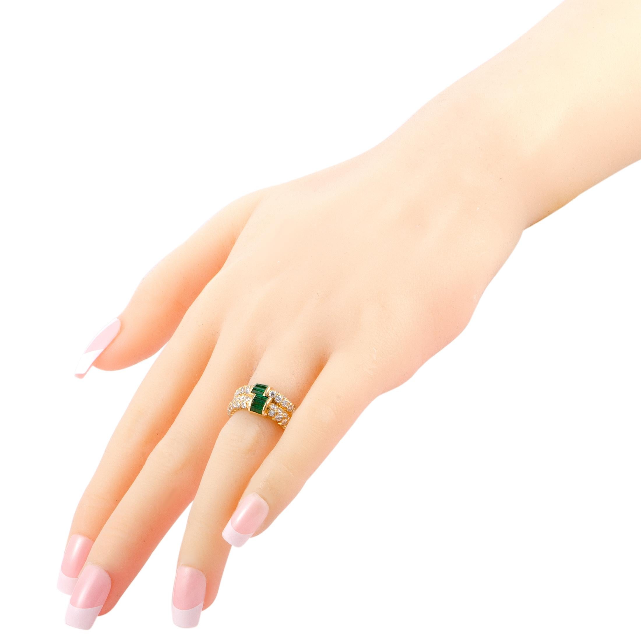 Women's Van Cleef & Arpels 18 Karat Gold Diamond and Emerald Baguettes Double Band Ring
