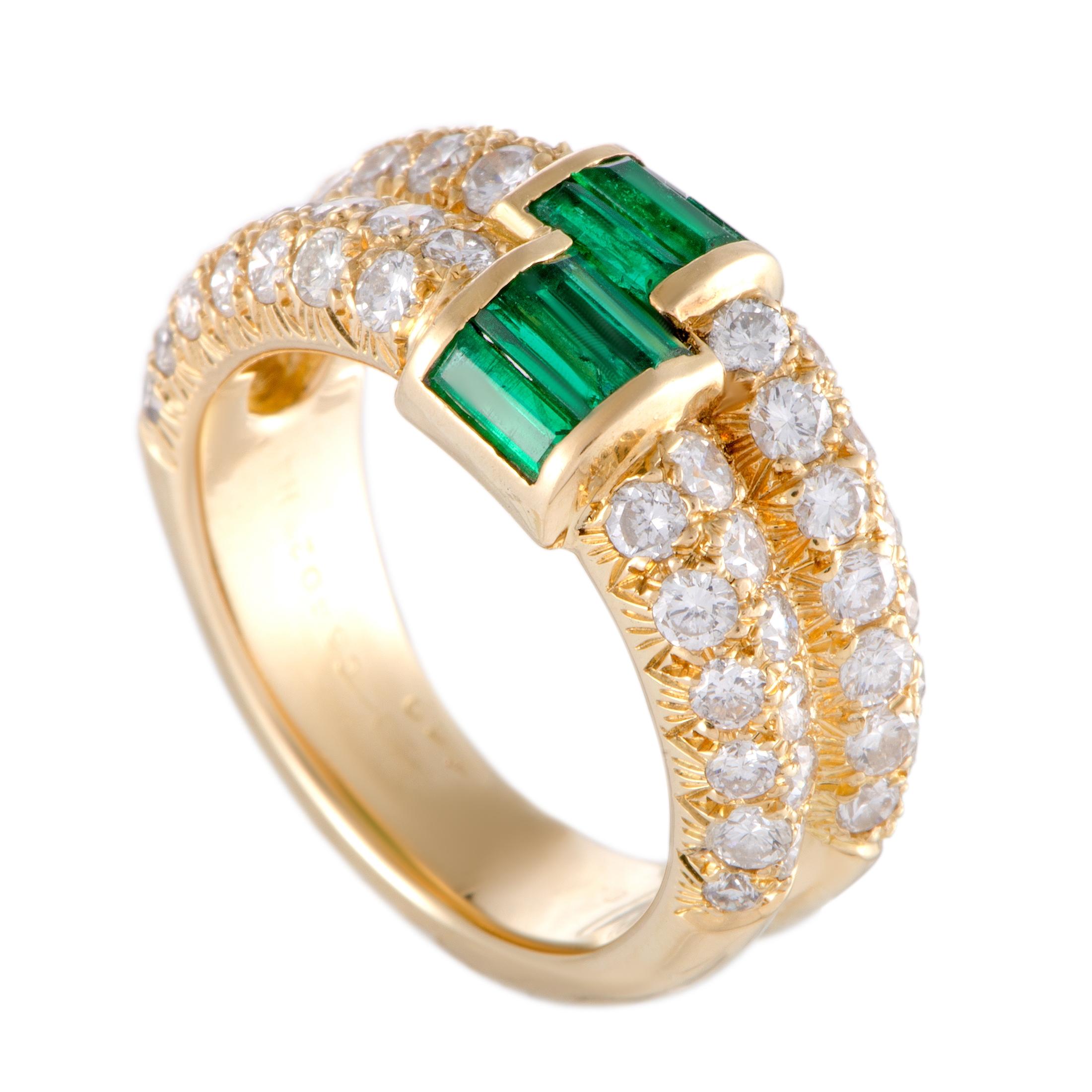 Van Cleef & Arpels 18 Karat Gold Diamond and Emerald Baguettes Double Band Ring