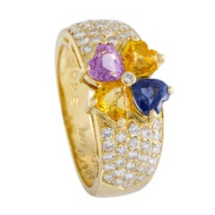 Van Cleef & Arpels 18 Karat Gold Diamond Pave Multi-Color Sapphire Flower Ring